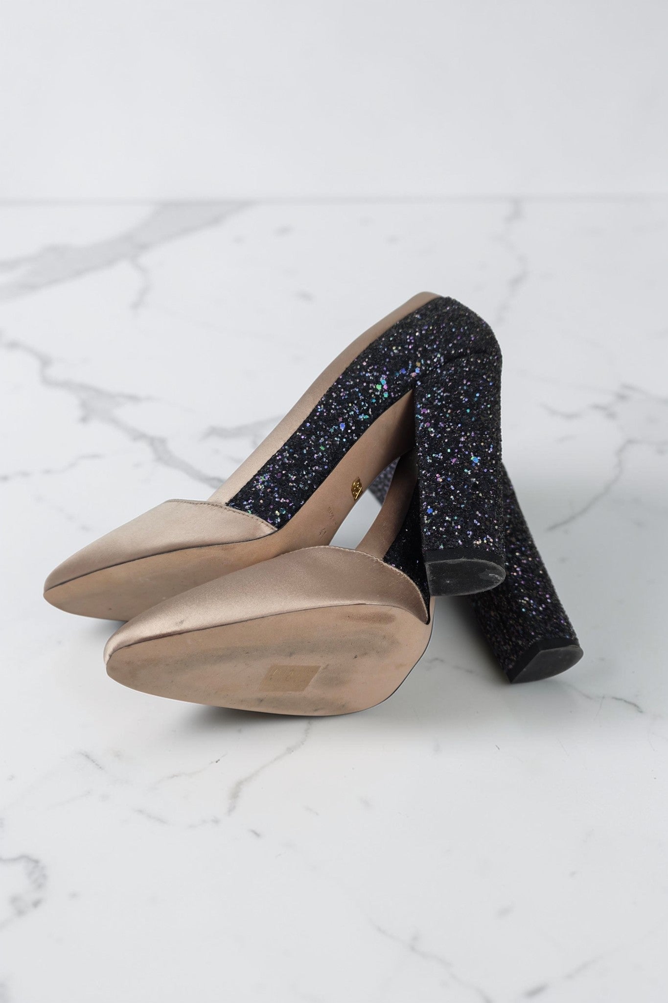 Giambattista Valli glitter schoenen hoge hakken beige zwart 41 tweedehands dames designer
