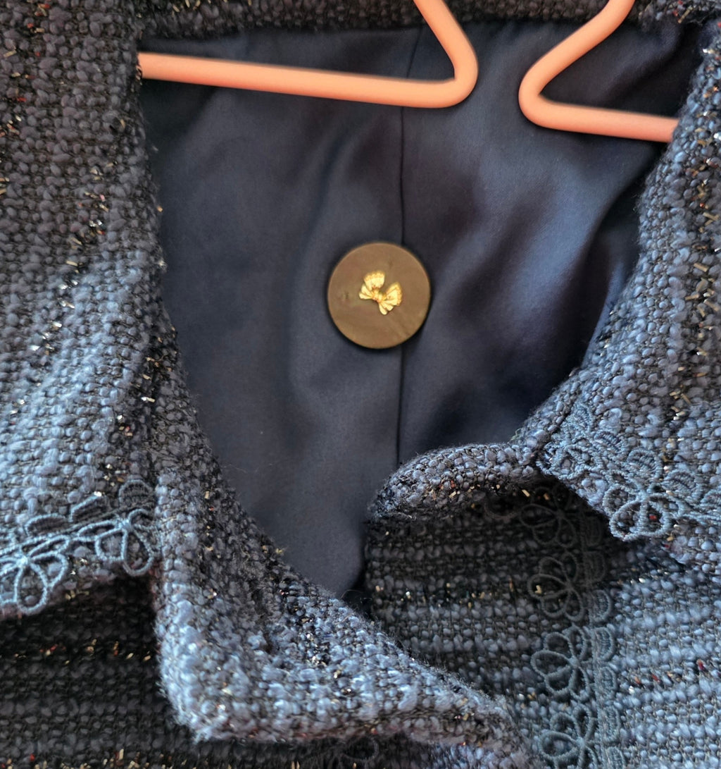 Dream catcher kort jasje blazer jacket tweed boucle blauw glitter 38 M tweedehands dames designer