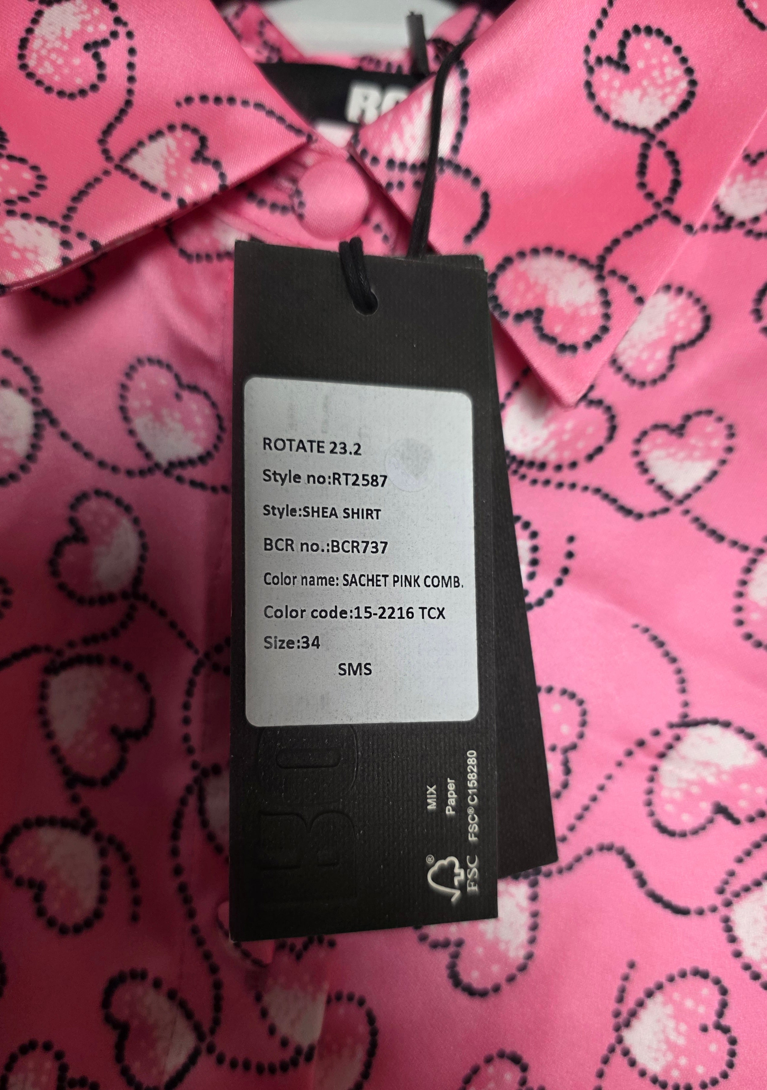 ROTATE Mania Skirt set Sachet Pink satijnen hartjes co‑ord  34 xs rok en top tweedehands dames designer