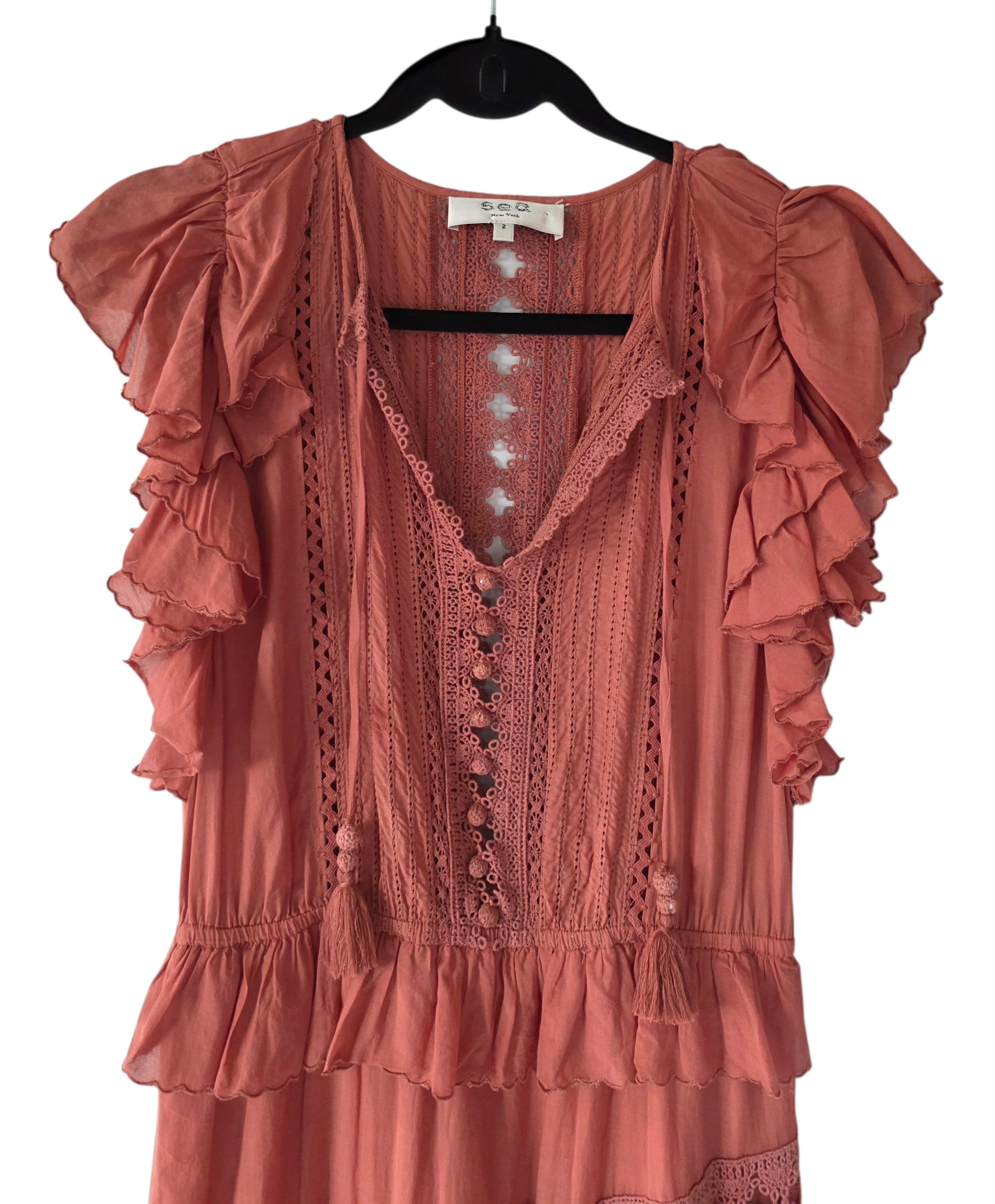 Sea New York crochet pom pom ruffle midi jurk Rosalie zalm roze xs 34 tweedehands designer dames