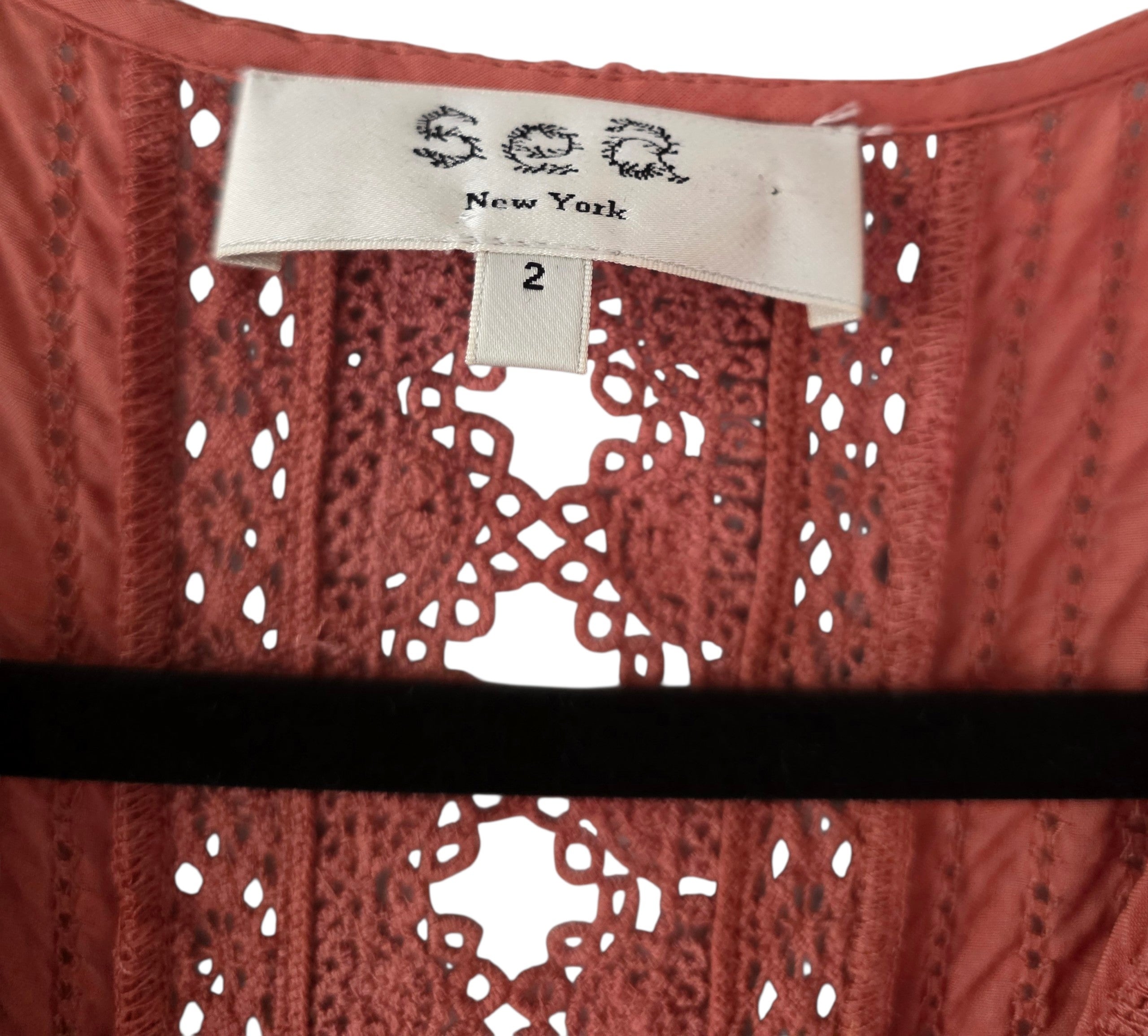 Sea New York crochet pom pom ruffle midi jurk Rosalie zalm roze xs 34 tweedehands designer dames