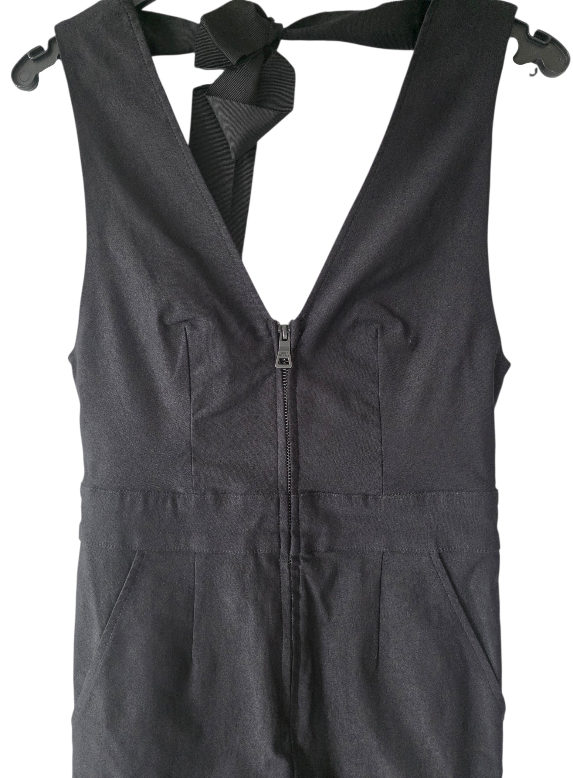 Rivet Utility v hals open rug mouwloze jumpsuit stretch zwart S tweedehands dames designer