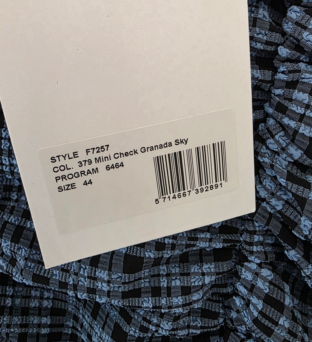 Ganni mini check Granade Sky jurk blauw FR44 42 xl ruffle pofmouw tweedehands dames designer