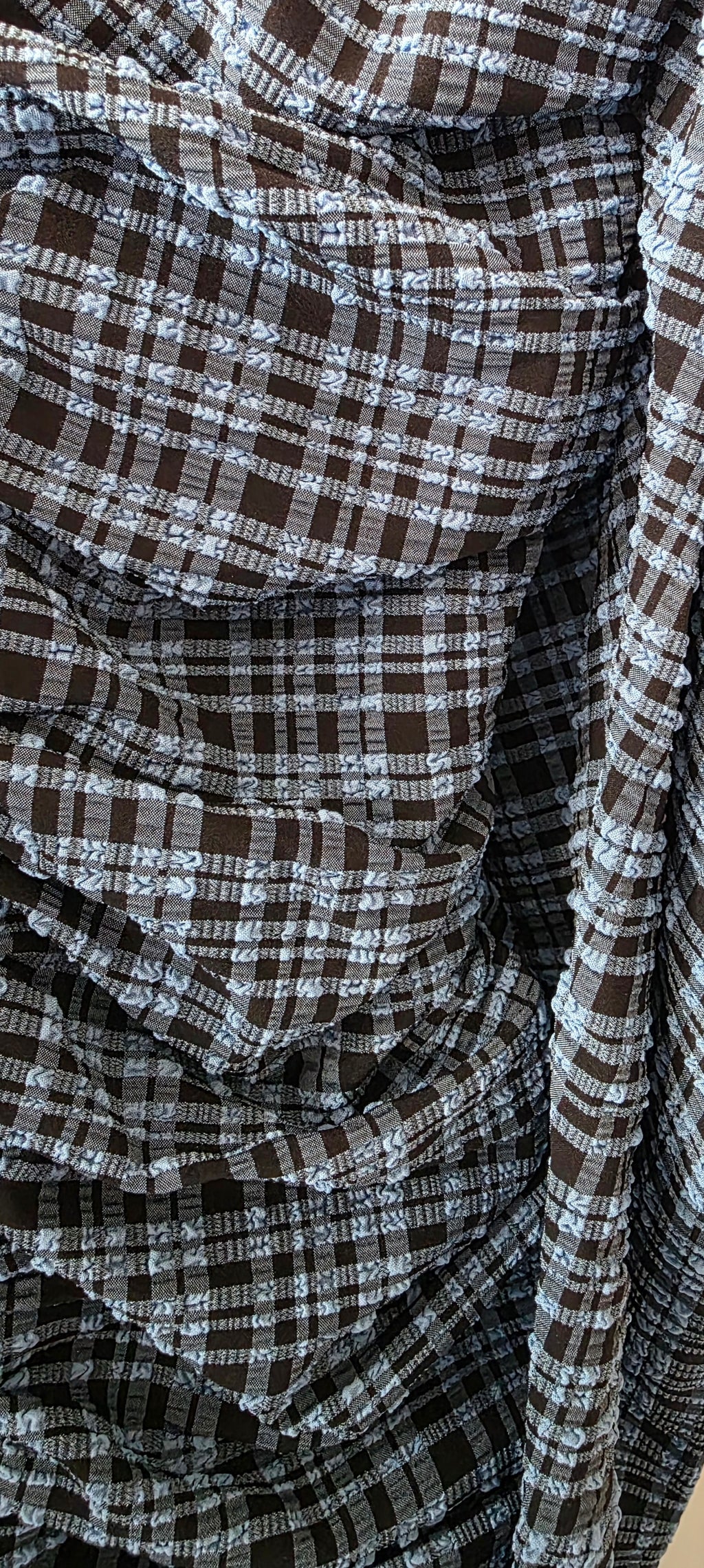 Ganni mini check Granade Sky jurk blauw FR44 42 xl ruffle pofmouw tweedehands dames designer
