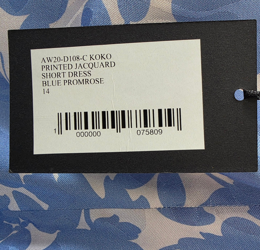 De la vali jacquard korte jurk Koko blauw wit UK14 EU42 tweedehands dames designer