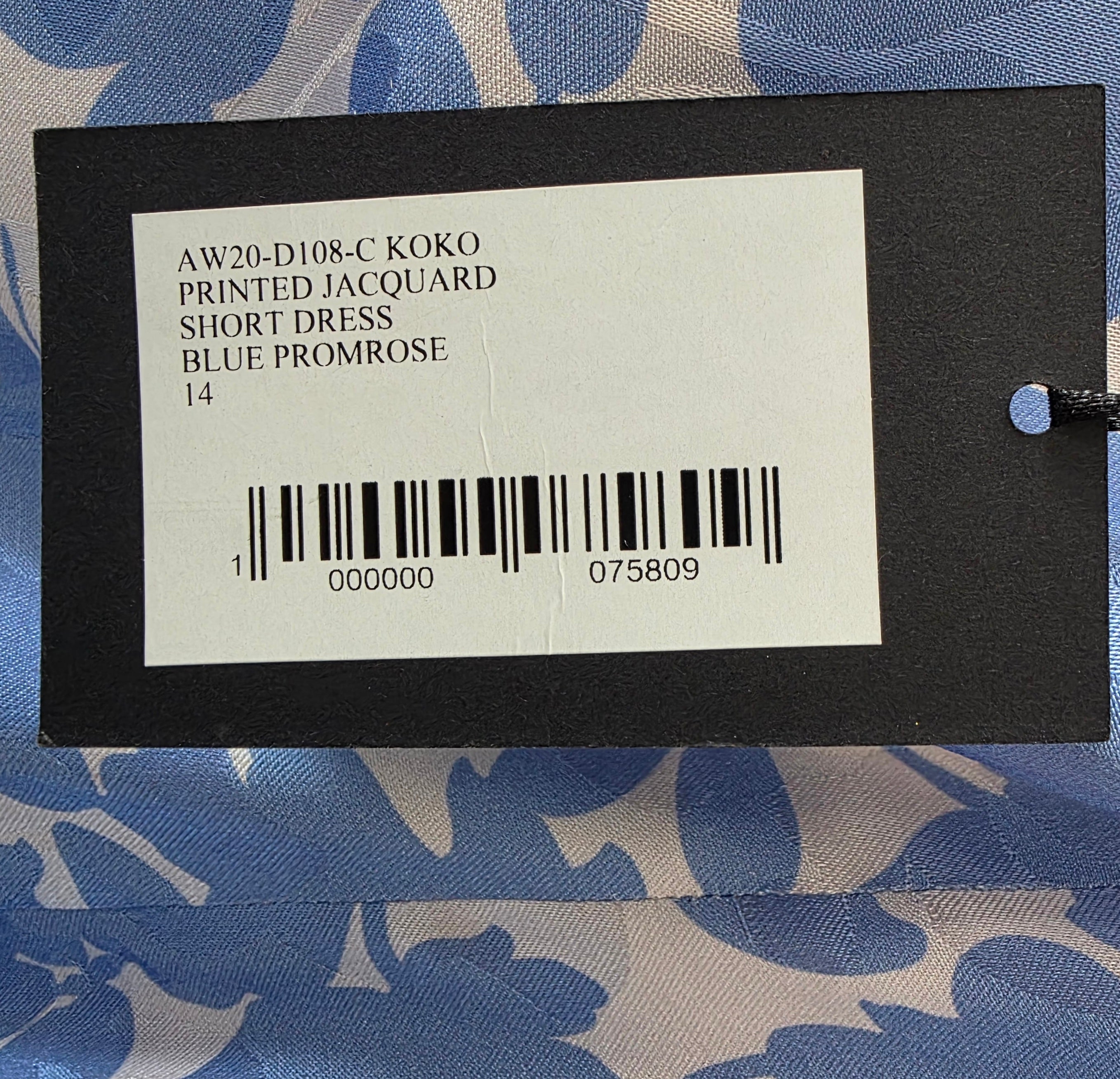 De la vali jacquard korte jurk Koko blauw wit UK14 EU42 tweedehands dames designer