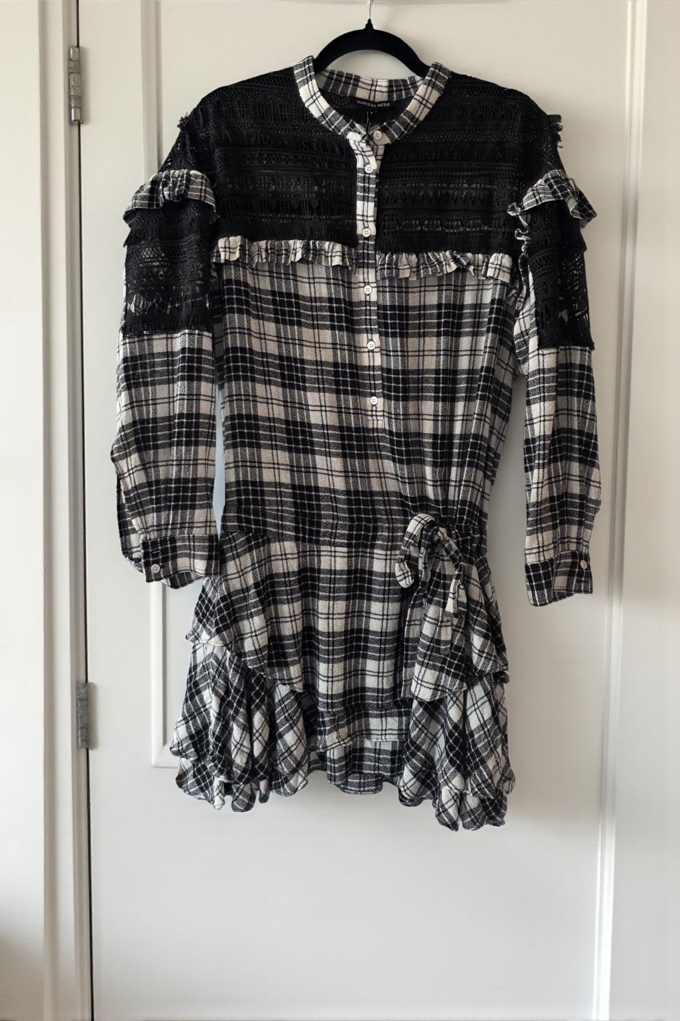 Marissa Webb geruite korte jurk kant wol mix zwart wit 38 M tweedehands dames designer