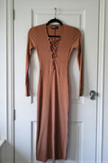 Reformation midi touwtjes rib jurk Adison bruin roze bush S 36 tweedehands dames designer