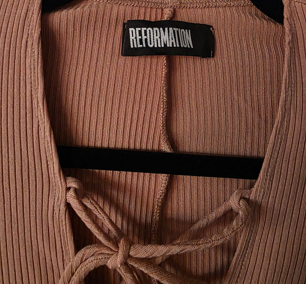 Reformation midi touwtjes rib jurk Adison bruin roze bush S 36 tweedehands dames designer