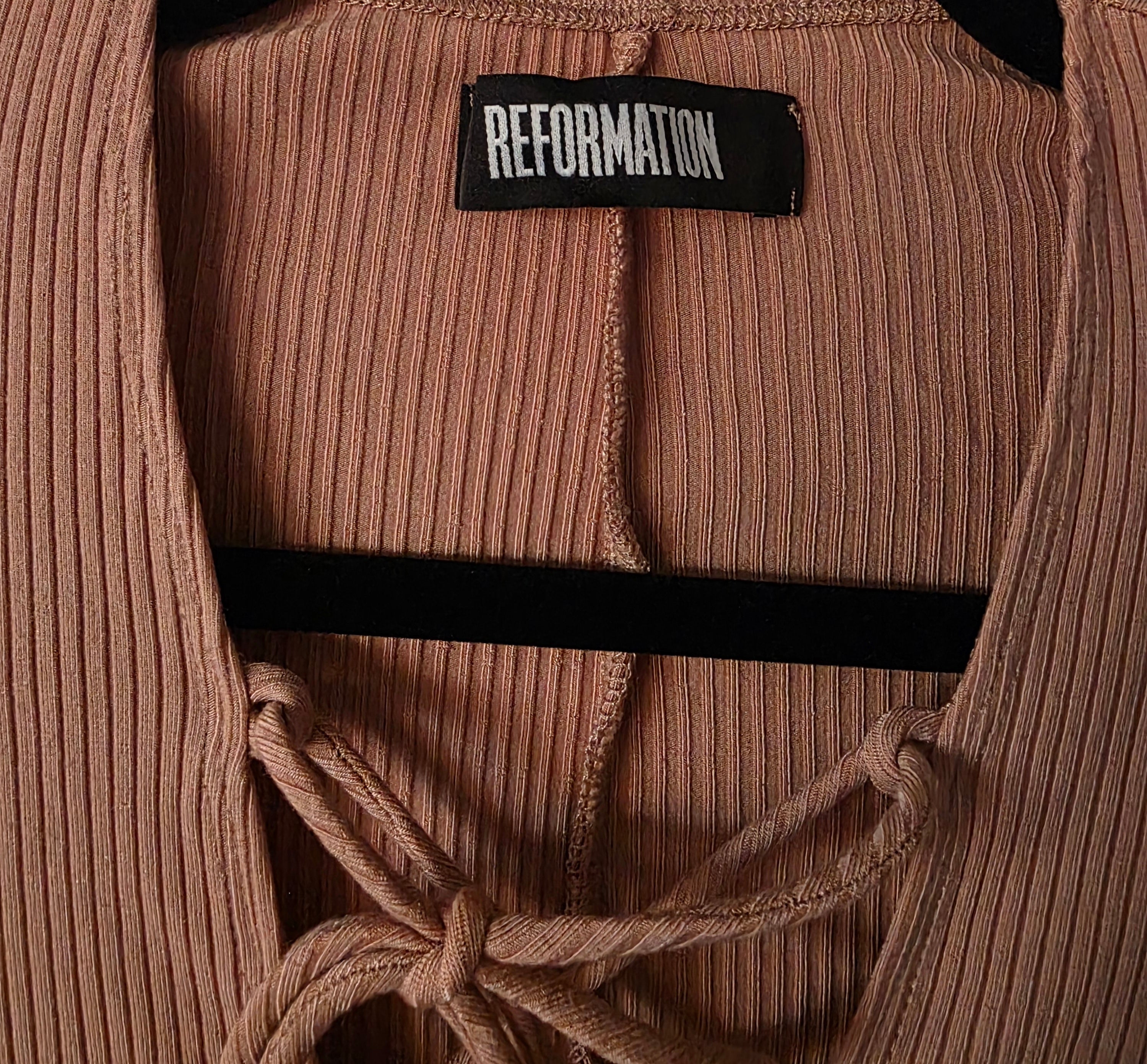 Reformation midi touwtjes rib jurk Adison bruin roze bush S 36 tweedehands dames designer