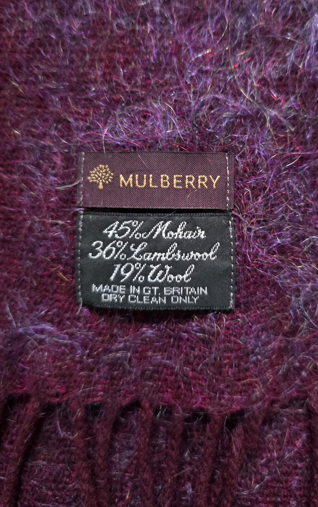 Mulberry Vintage sjaal mohair wol bordeaux rood paars tweedehands dames designer