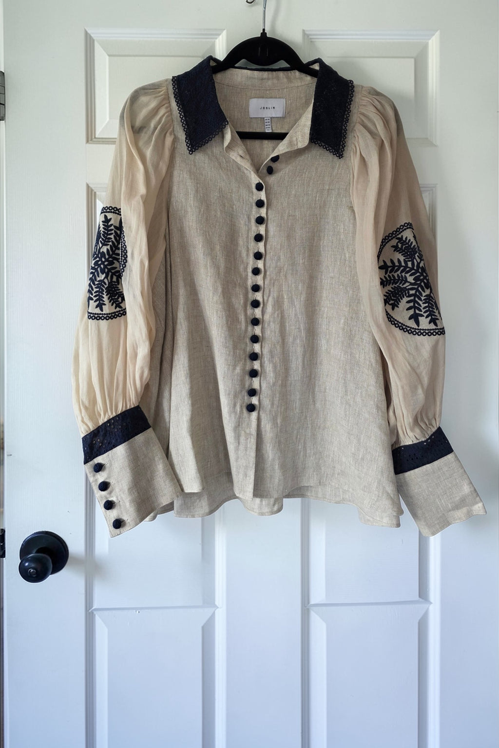 Joslin studio linnen blouse beige zwart boho ibiza pre-loved designer xl