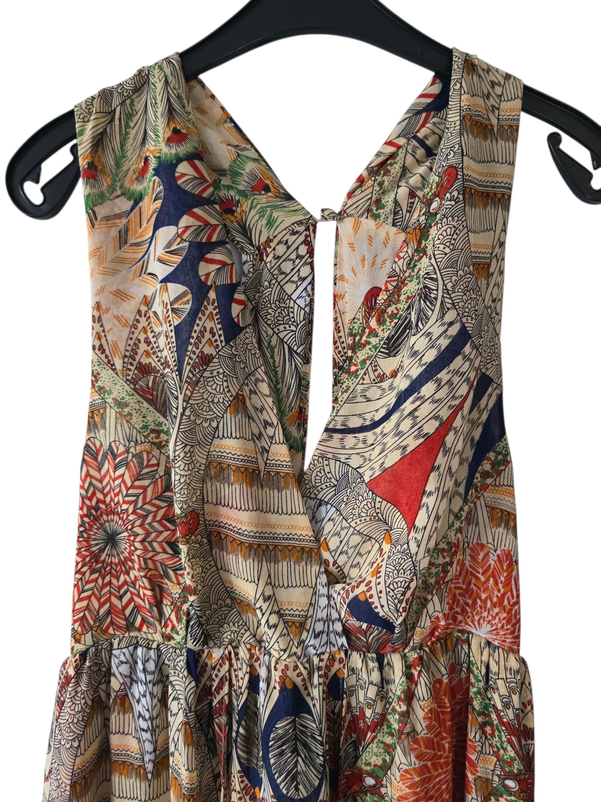 Nikkie boho ibiza aztec lange maxi jurk 38 M open rug met split pre-loved tweedehands