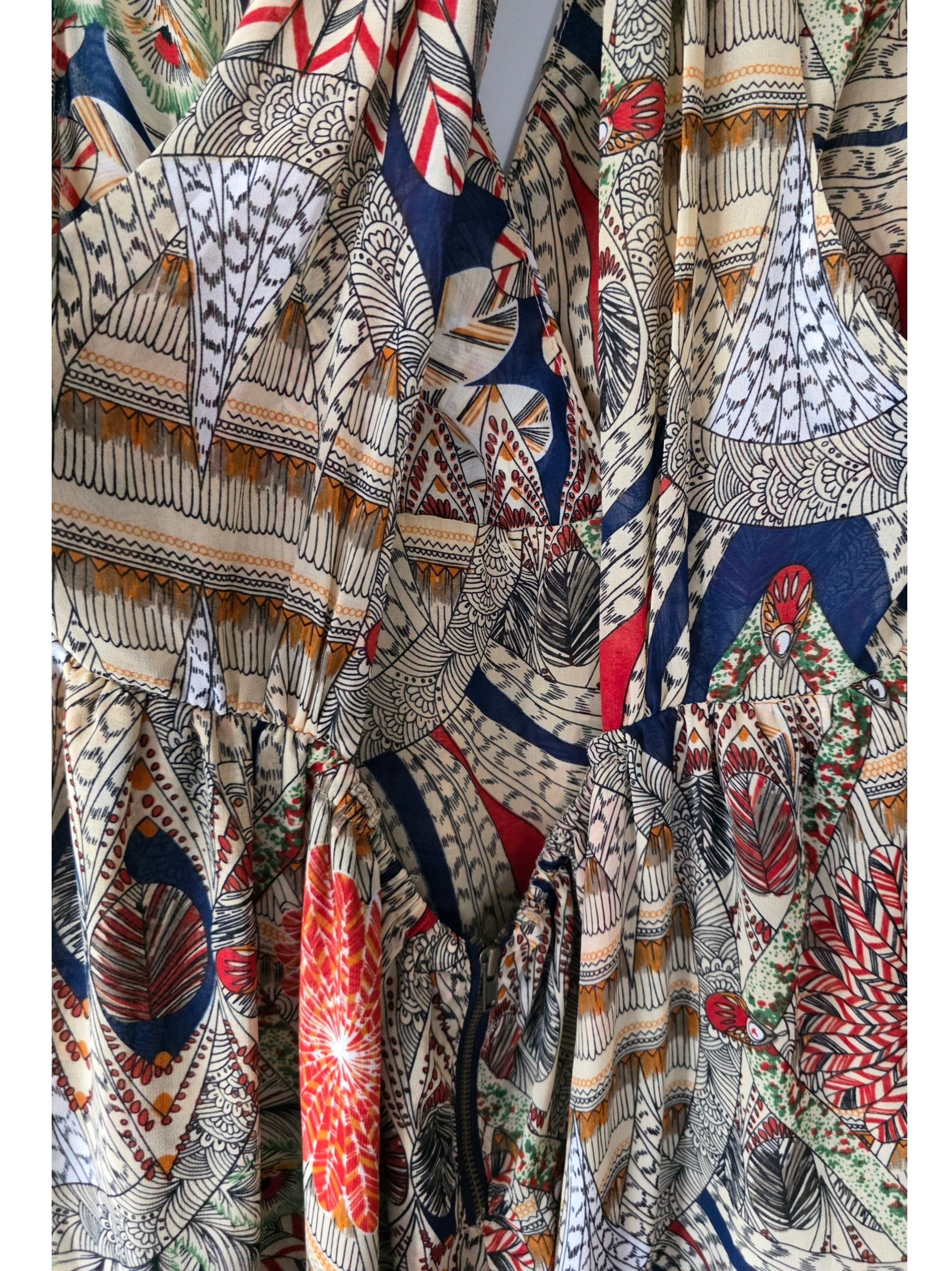 Nikkie boho ibiza aztec lange maxi jurk 38 M open rug met split pre-loved tweedehands