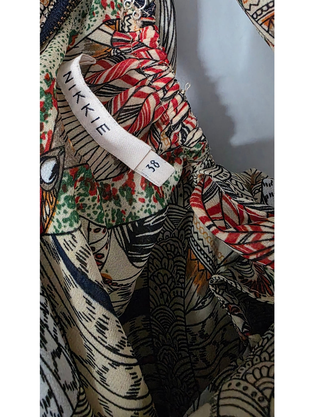 Nikkie boho ibiza aztec lange maxi jurk 38 M open rug met split pre-loved tweedehands