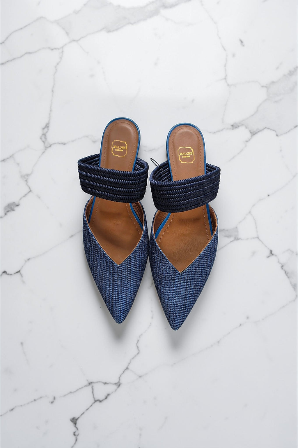 Malone Souliers denim instappers puntneus schoenen flats leer blauw 37 tweedehands dames designer