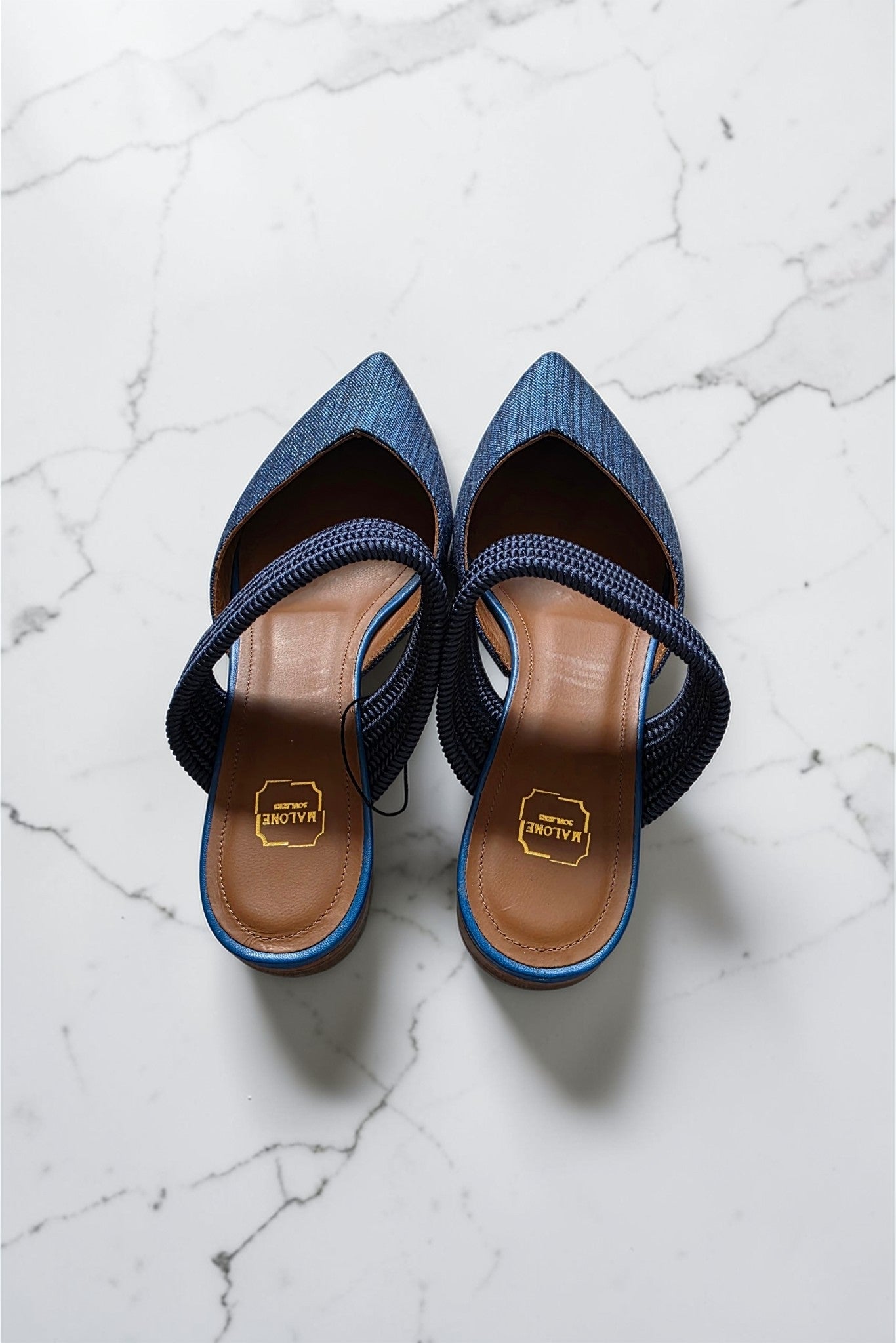 Malone Souliers denim instappers puntneus schoenen flats leer blauw 37 tweedehands dames designer