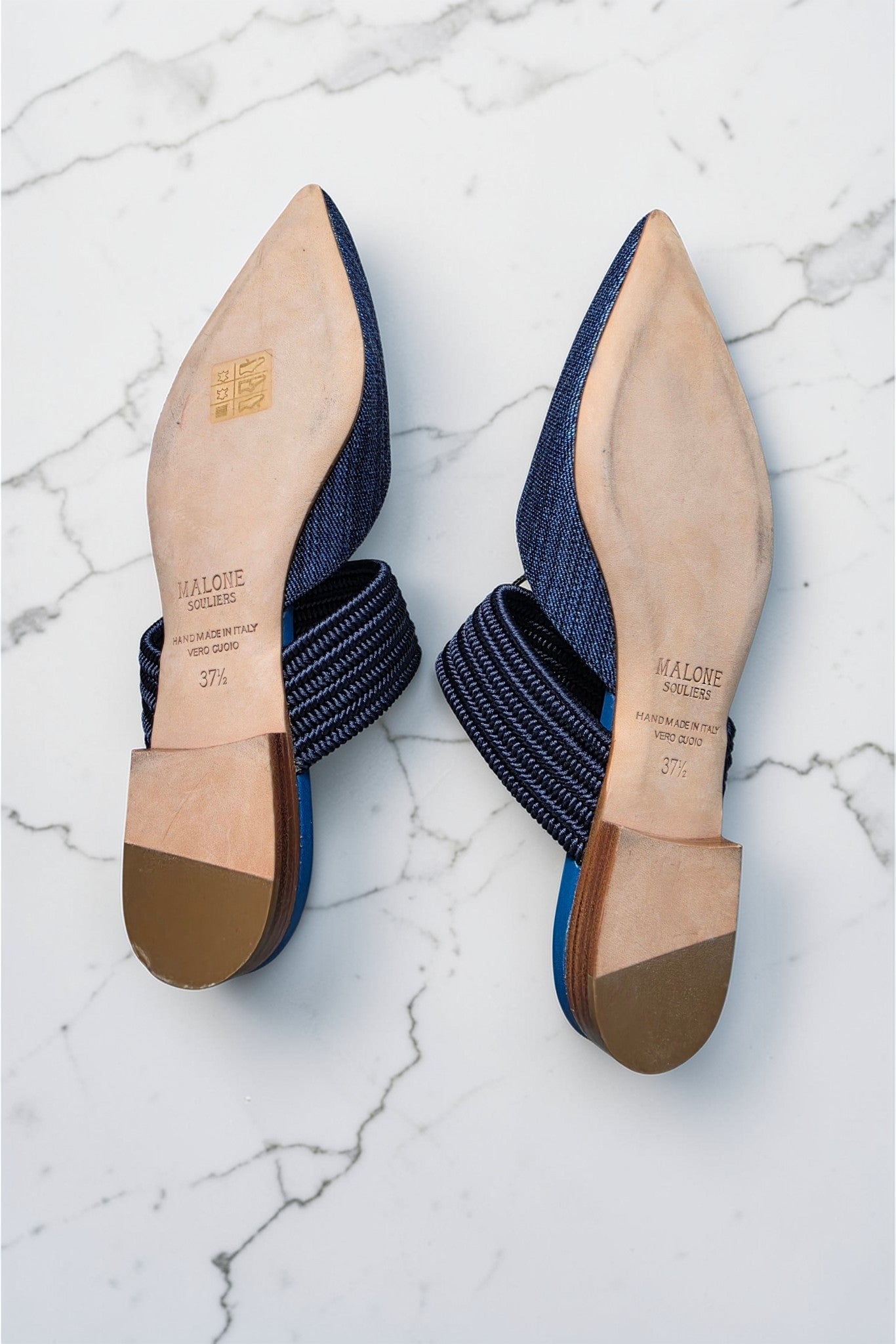 Malone Souliers denim instappers puntneus schoenen flats leer blauw 37 tweedehands dames designer