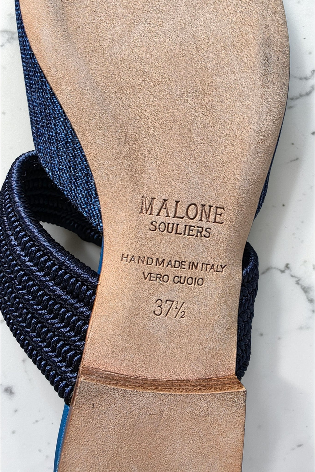 Malone Souliers denim instappers puntneus schoenen flats leer blauw 37 tweedehands dames designer