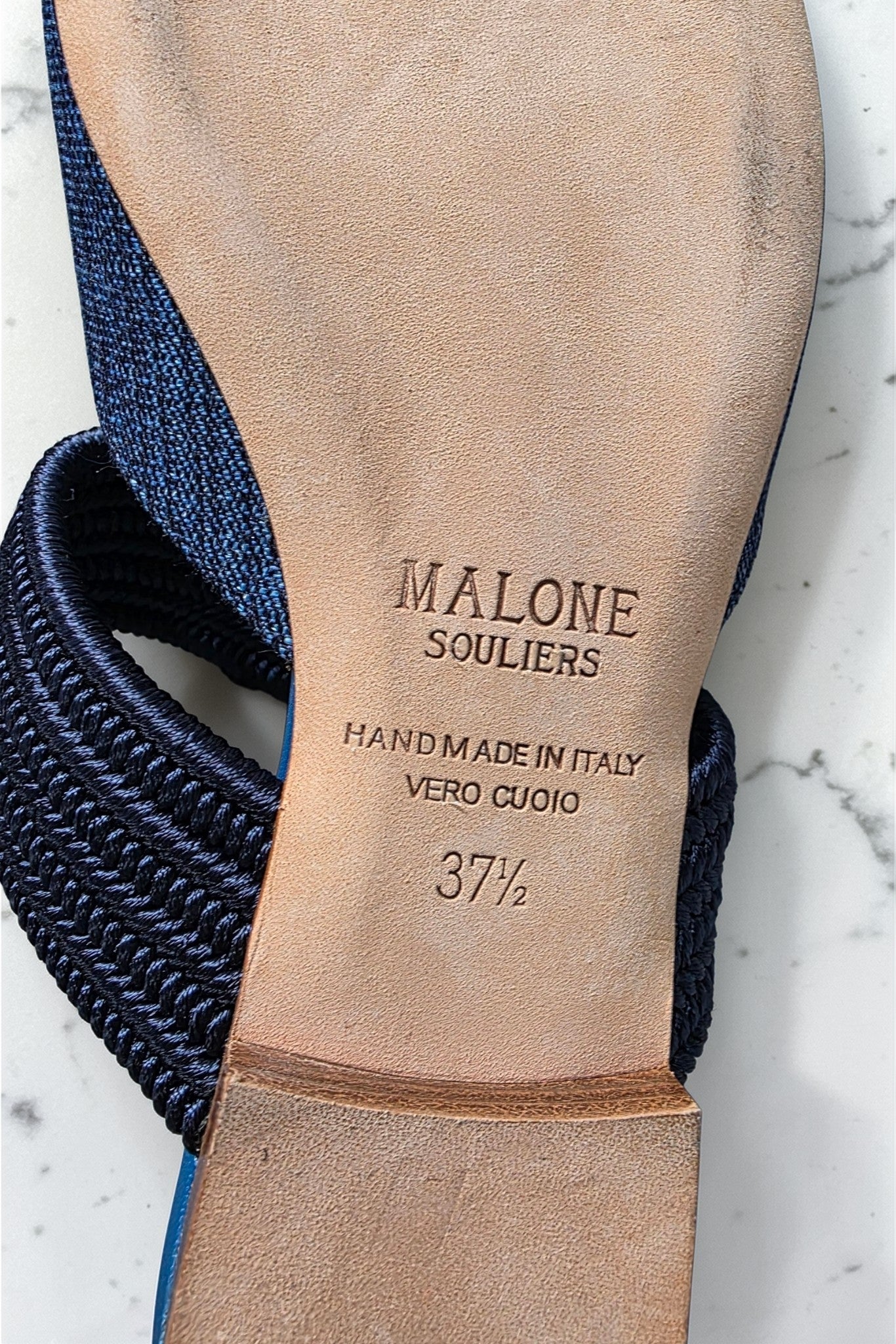 Malone Souliers denim instappers puntneus schoenen flats leer blauw 37 tweedehands dames designer