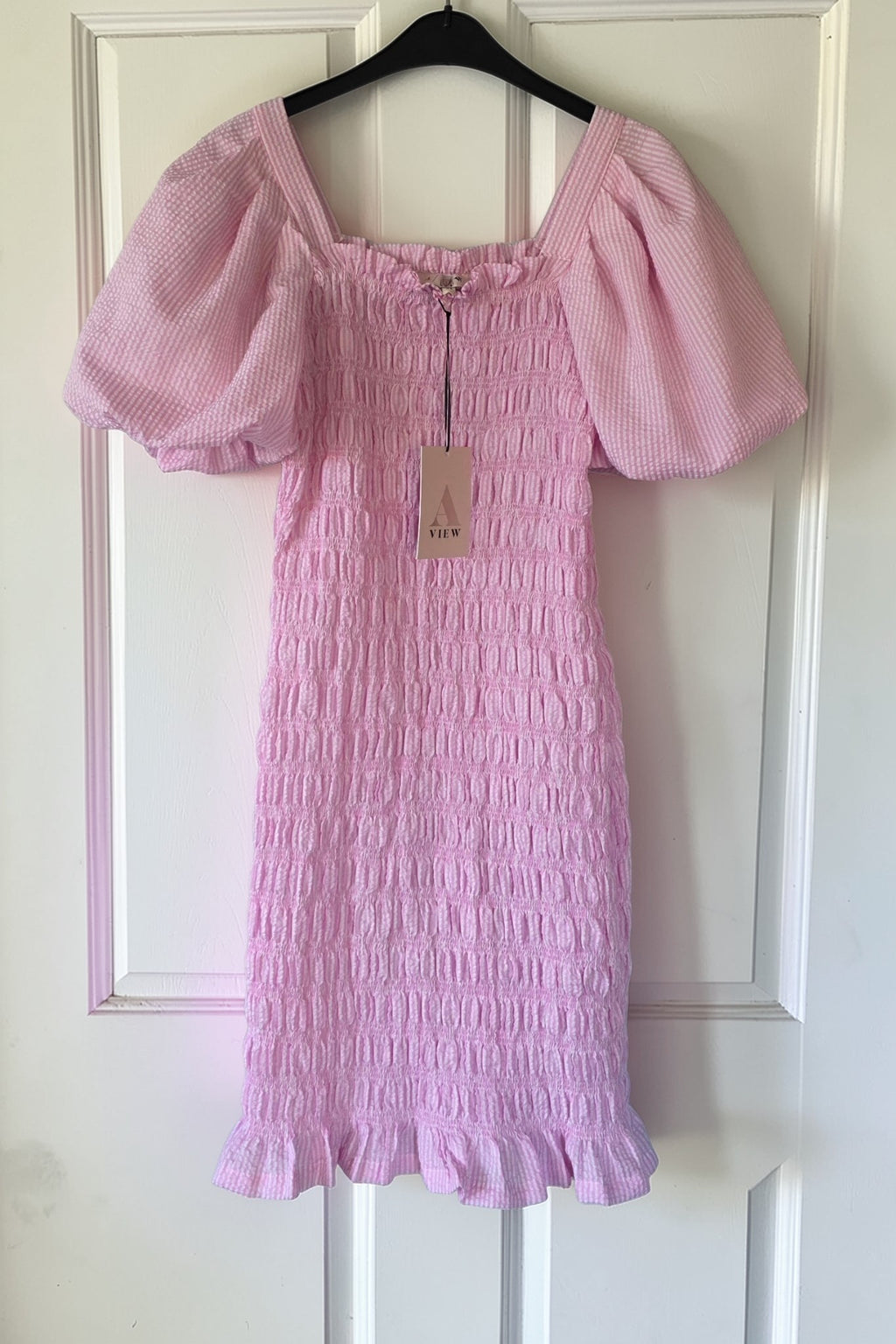 A-view korte jurk roze wit 34 xs nieuw pofmouwen pre-loved nieuw