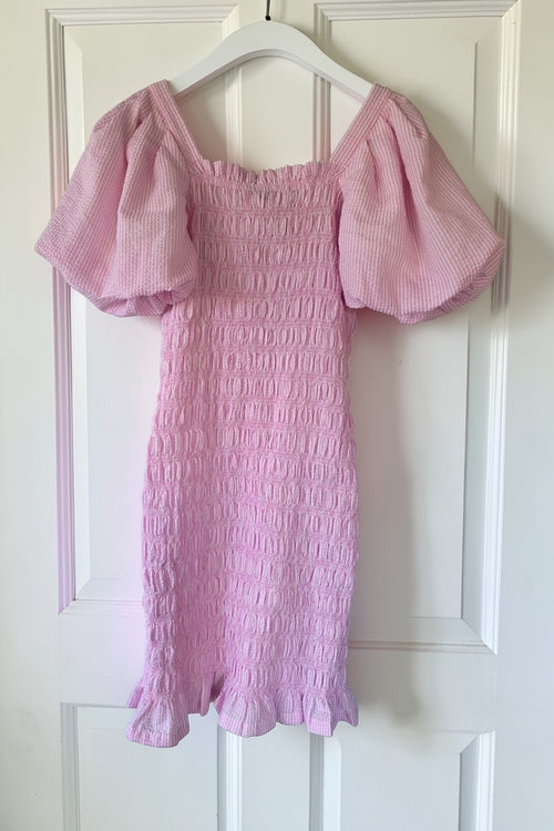 A-view korte wrinkle jurk roze wit 34 xs pofmouwen tweedehands dames designer