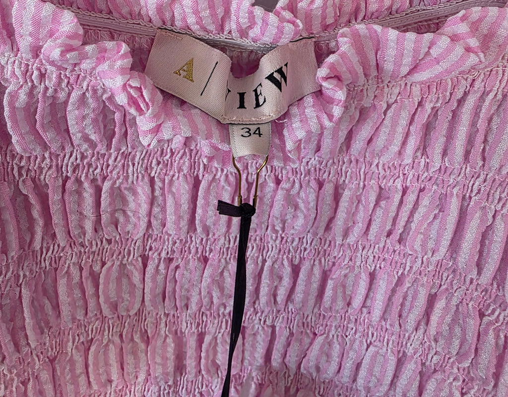 A-view korte jurk roze wit 34 xs nieuw pofmouwen pre-loved nieuw