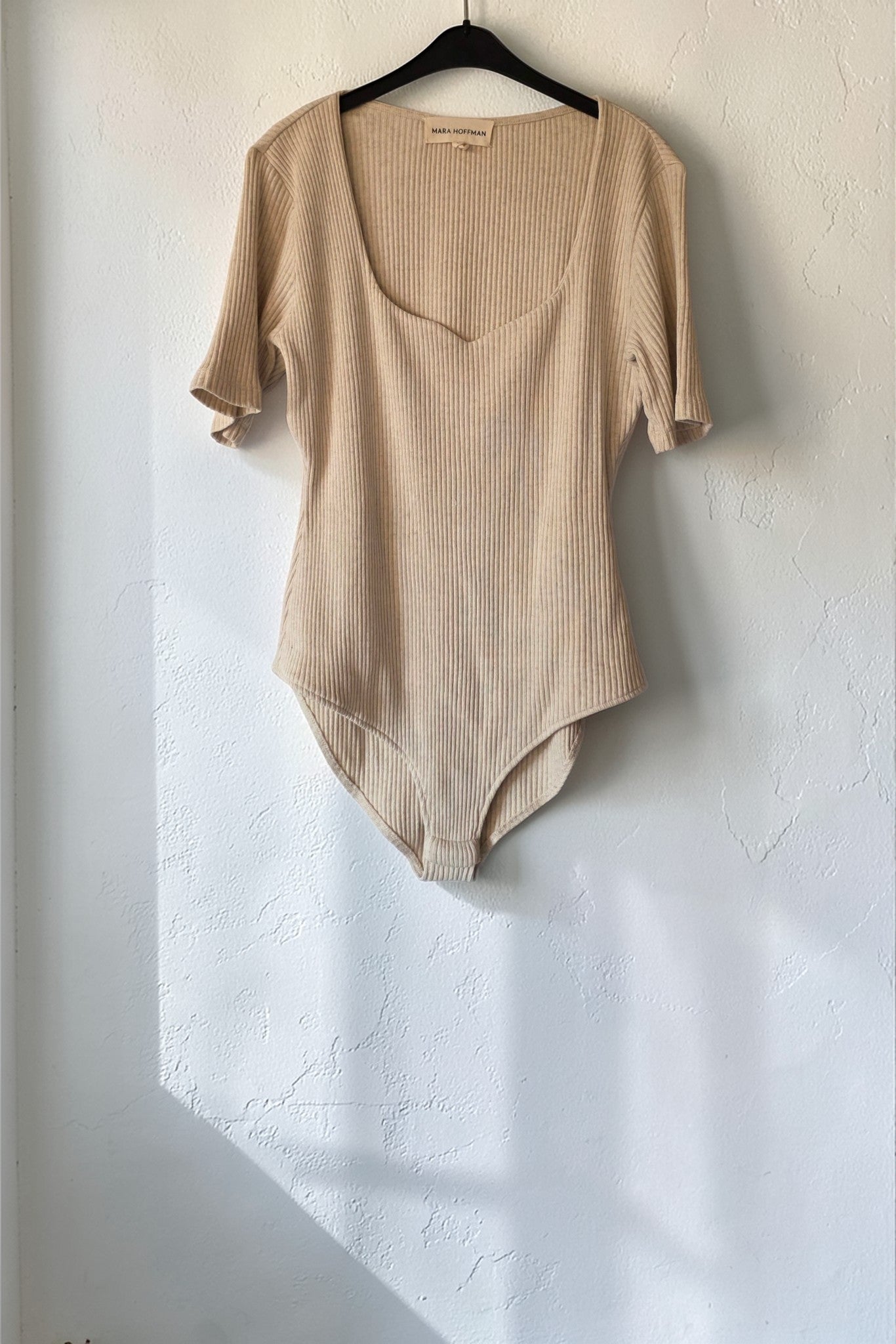 Mara Hoffman rib body beige korte mouwen katoen linnen L 40
