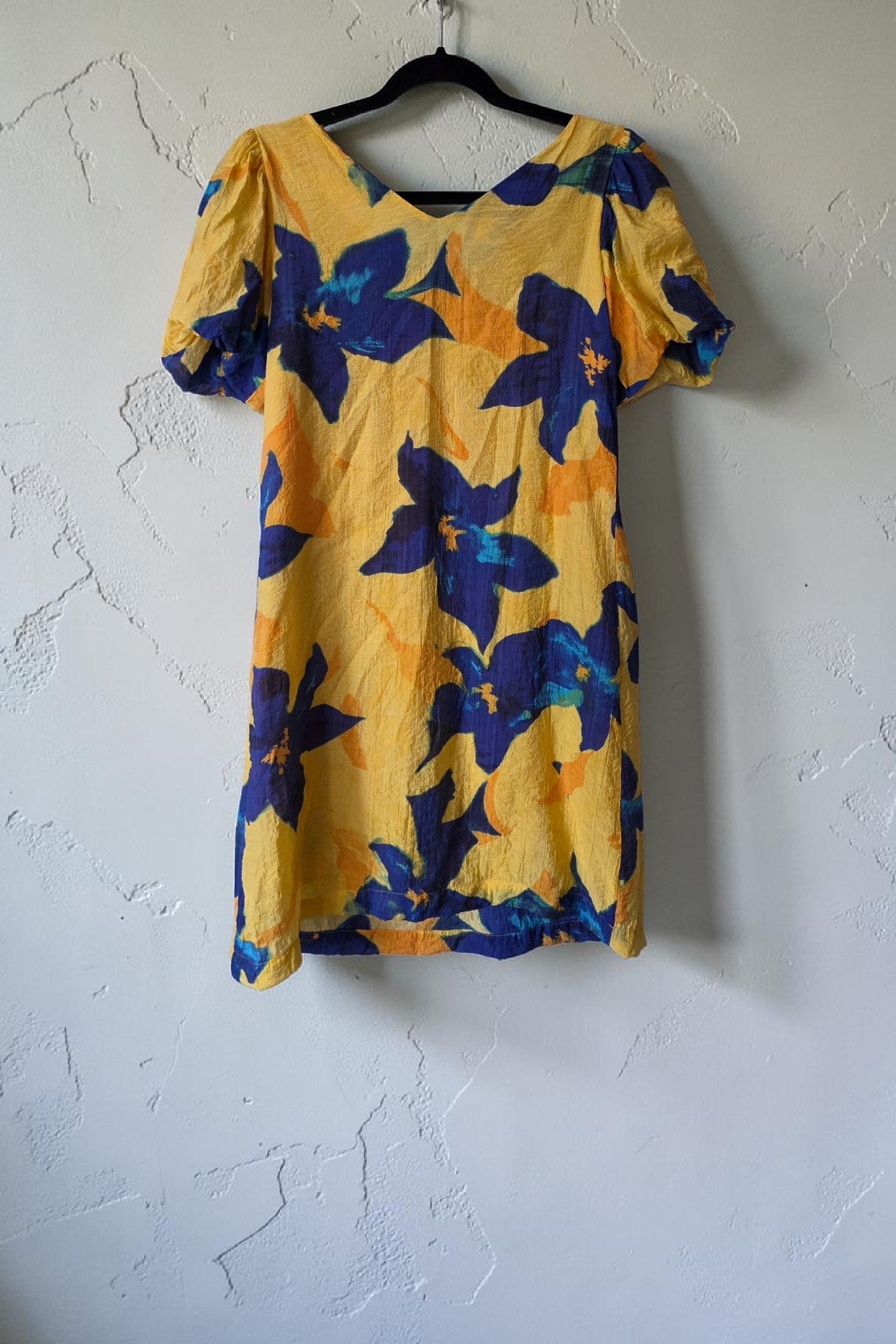 Surkana korte zomerjurk met pofmouwen geel blauw pre-loved 34 36 xs s resortwear tweedehands dames designer