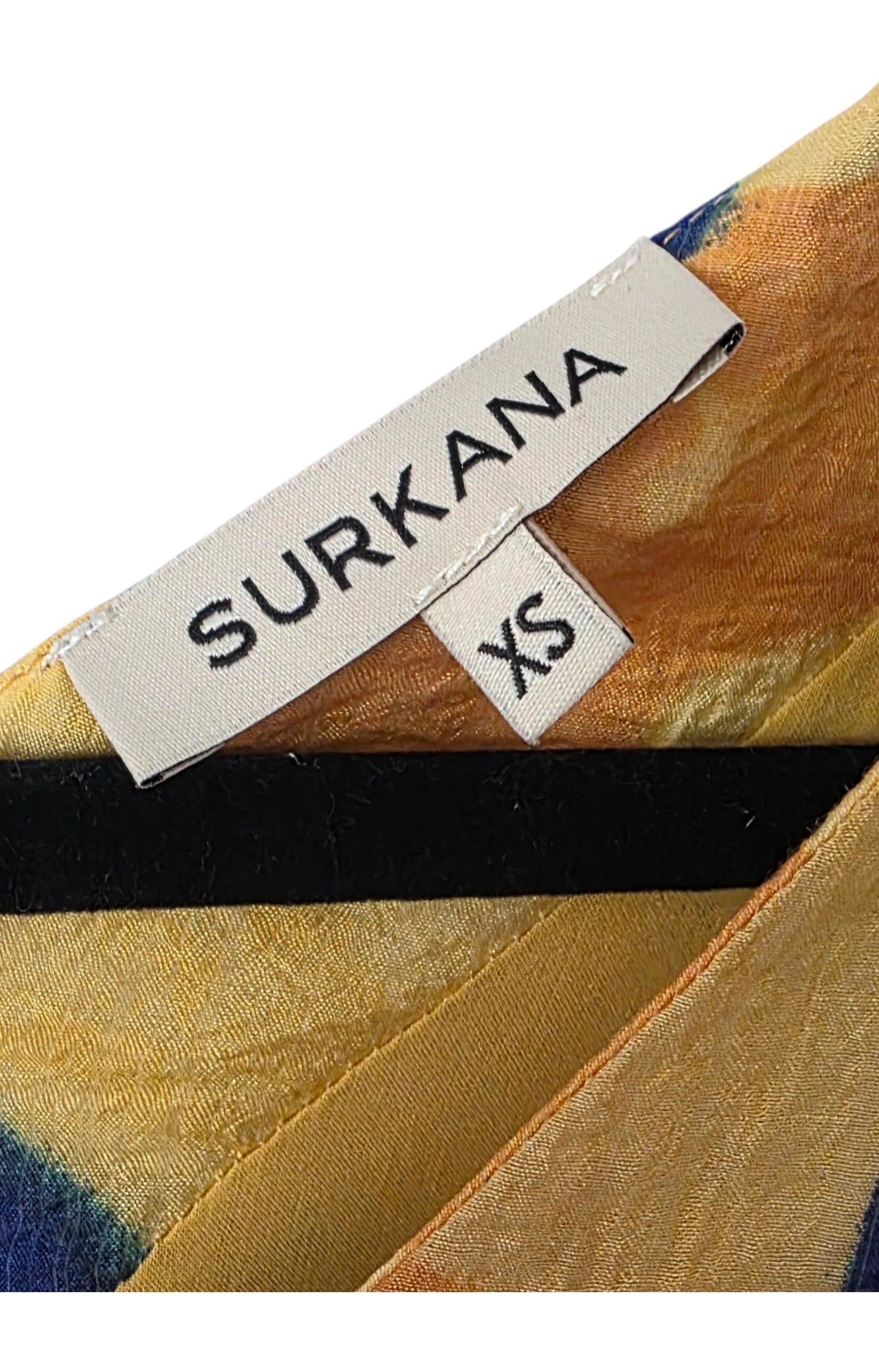 Surkana korte zomerjurk met pofmouwen geel blauw pre-loved 34 36 xs s resortwear tweedehands dames designer