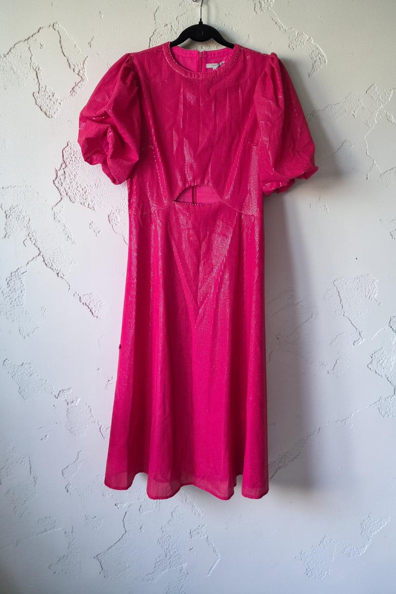 Olivia Rubin pailletten midi jurk Charlie roze xl 42 pofmouwen pre-loved