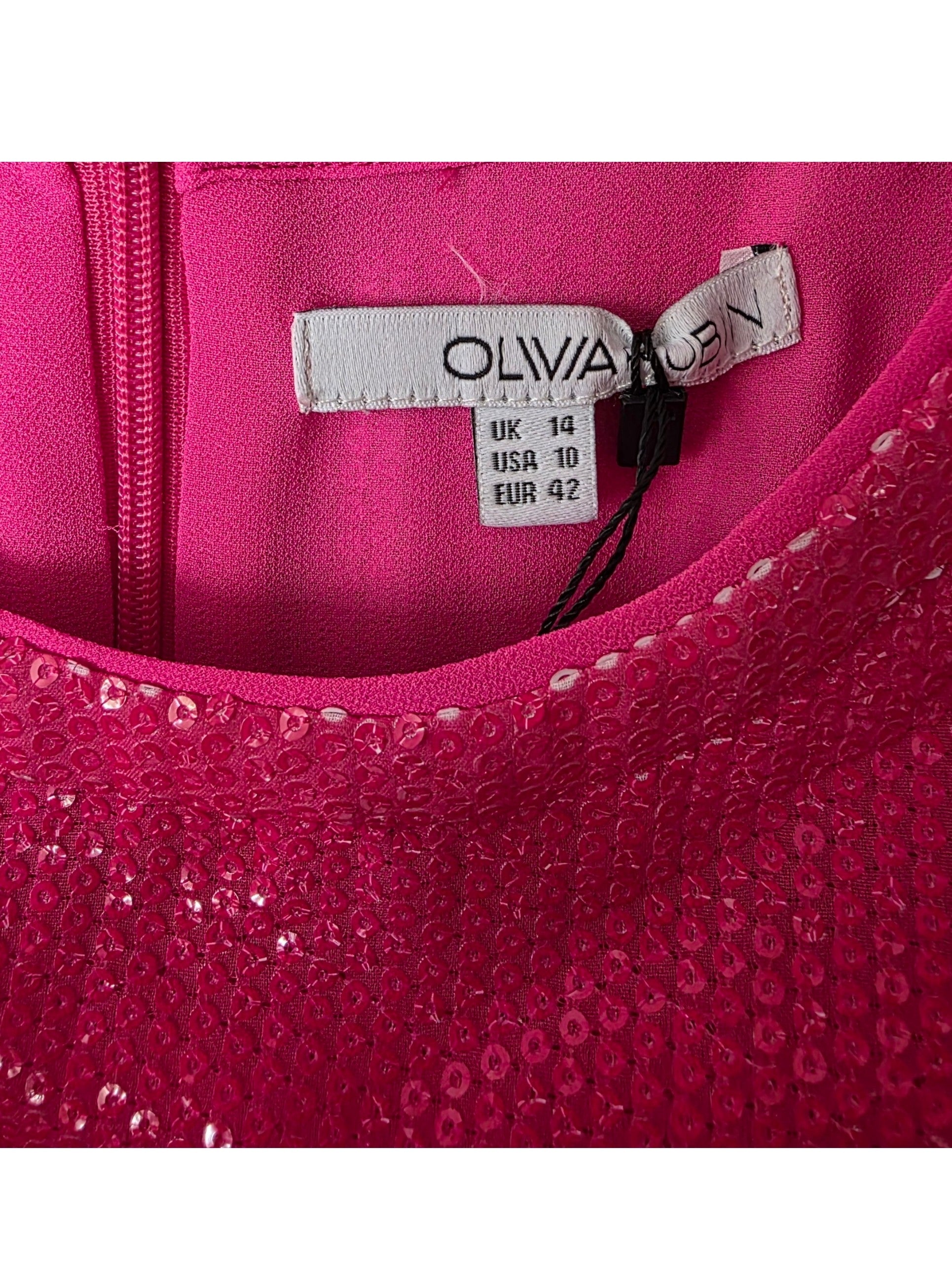 Olivia Rubin pailletten midi jurk Charlie roze xl 42 pofmouwen pre-loved