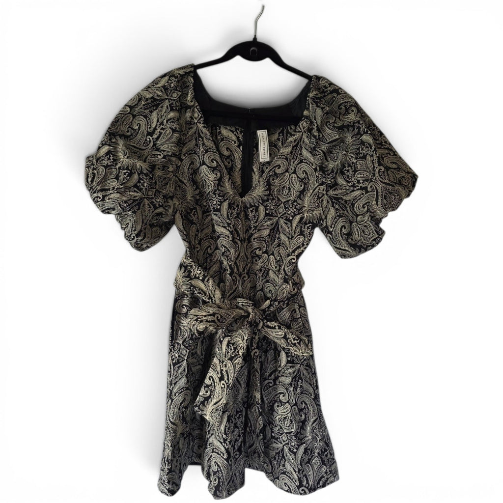 Scarlett Poppies korte barok jurk resortwear pofmouwen zwart beige S 36 tweedehands dames designer