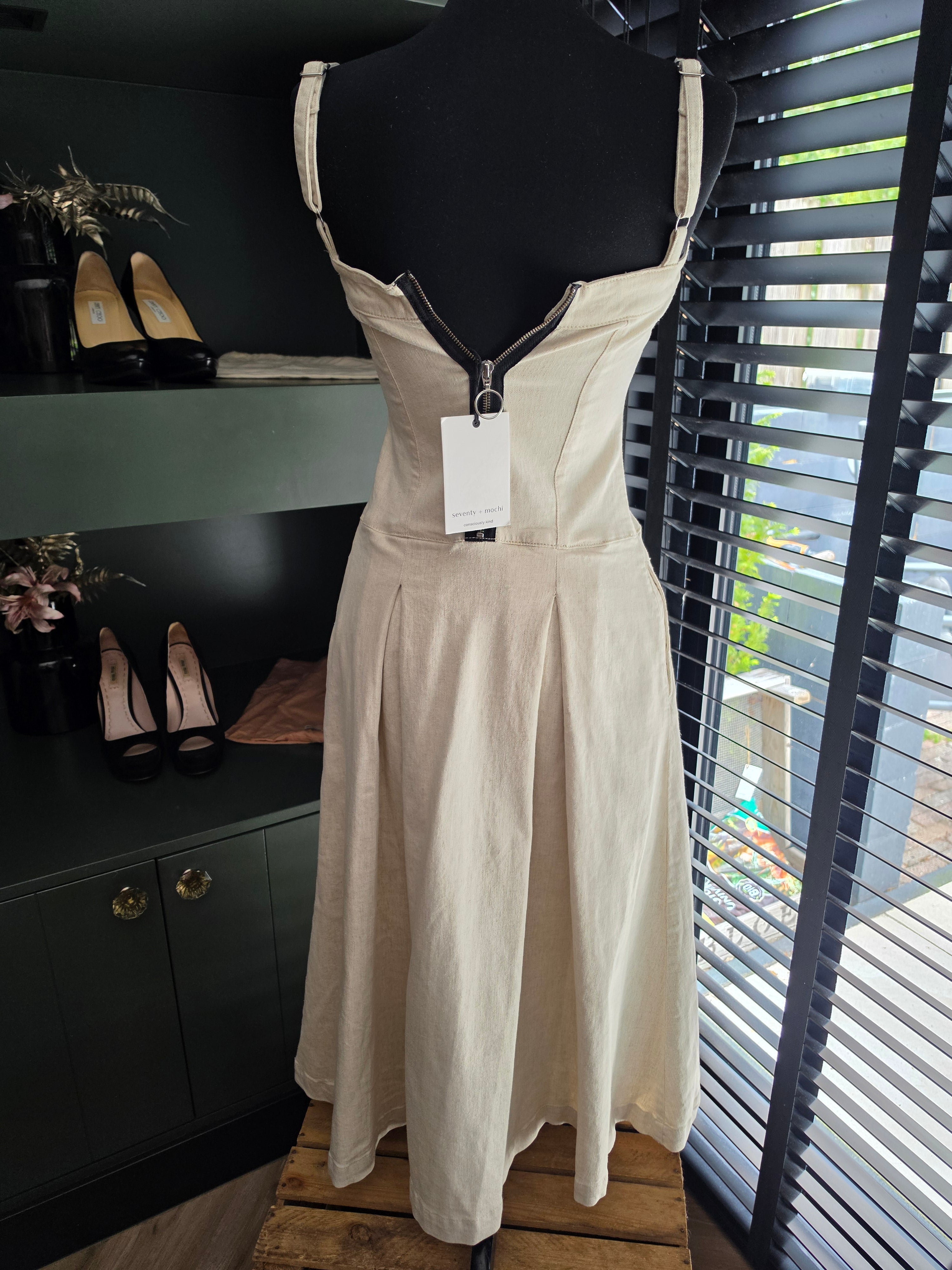 Seventy + Mochi Midi jurk denim Maddie ecru beige S 36 tweedehands designer