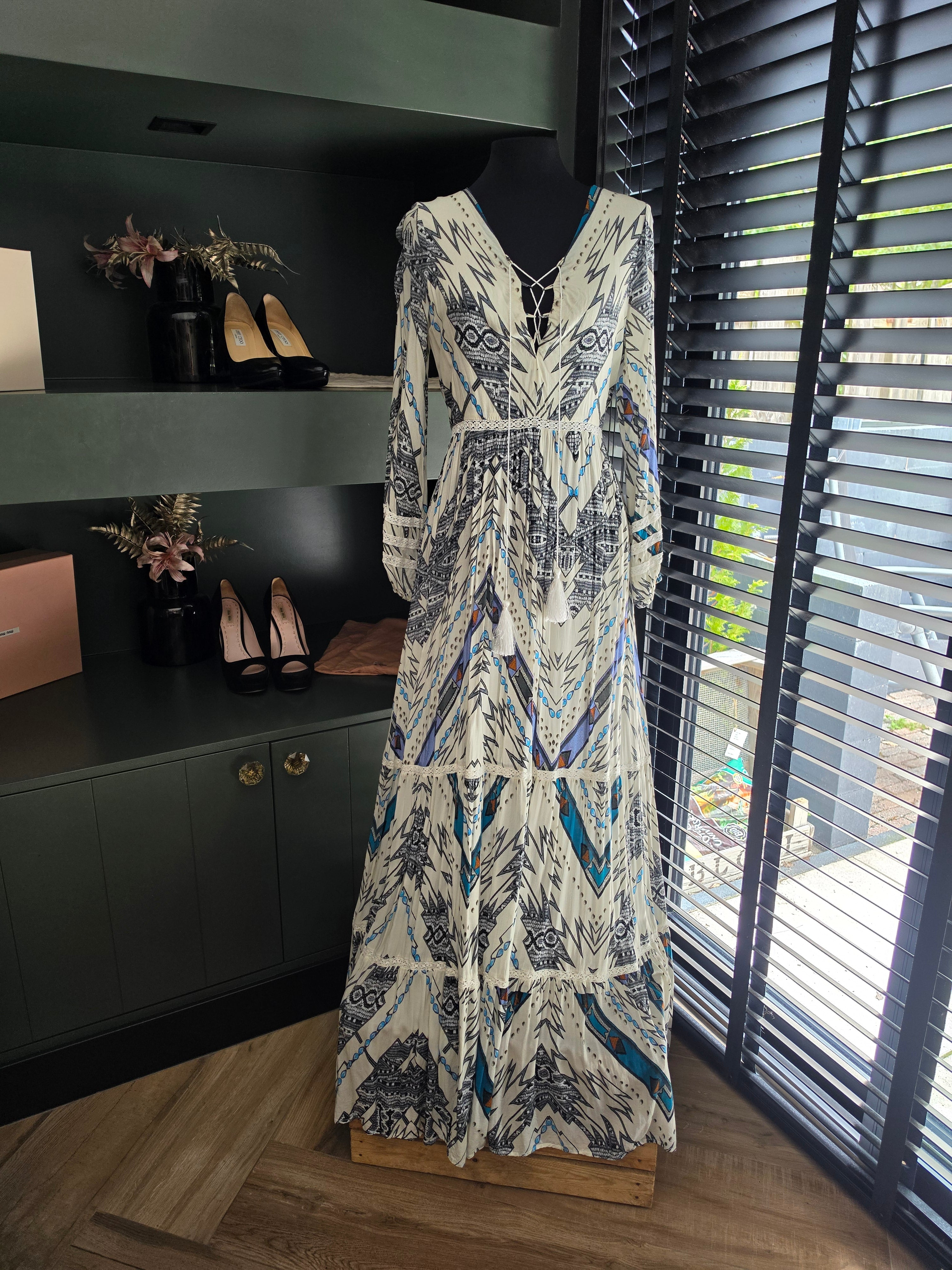 Melissa Odabash lange maxi jurk wit blauw S 36 resortwear tweedehands dames designer