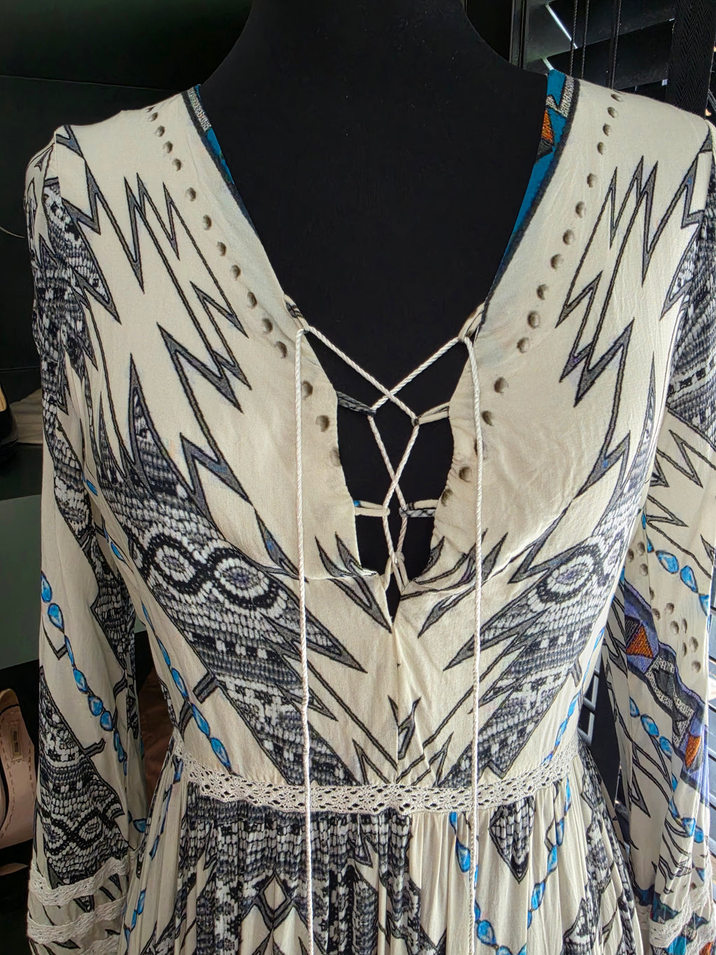 Melissa Odabash lange maxi jurk wit blauw S 36 resortwear tweedehands dames designer