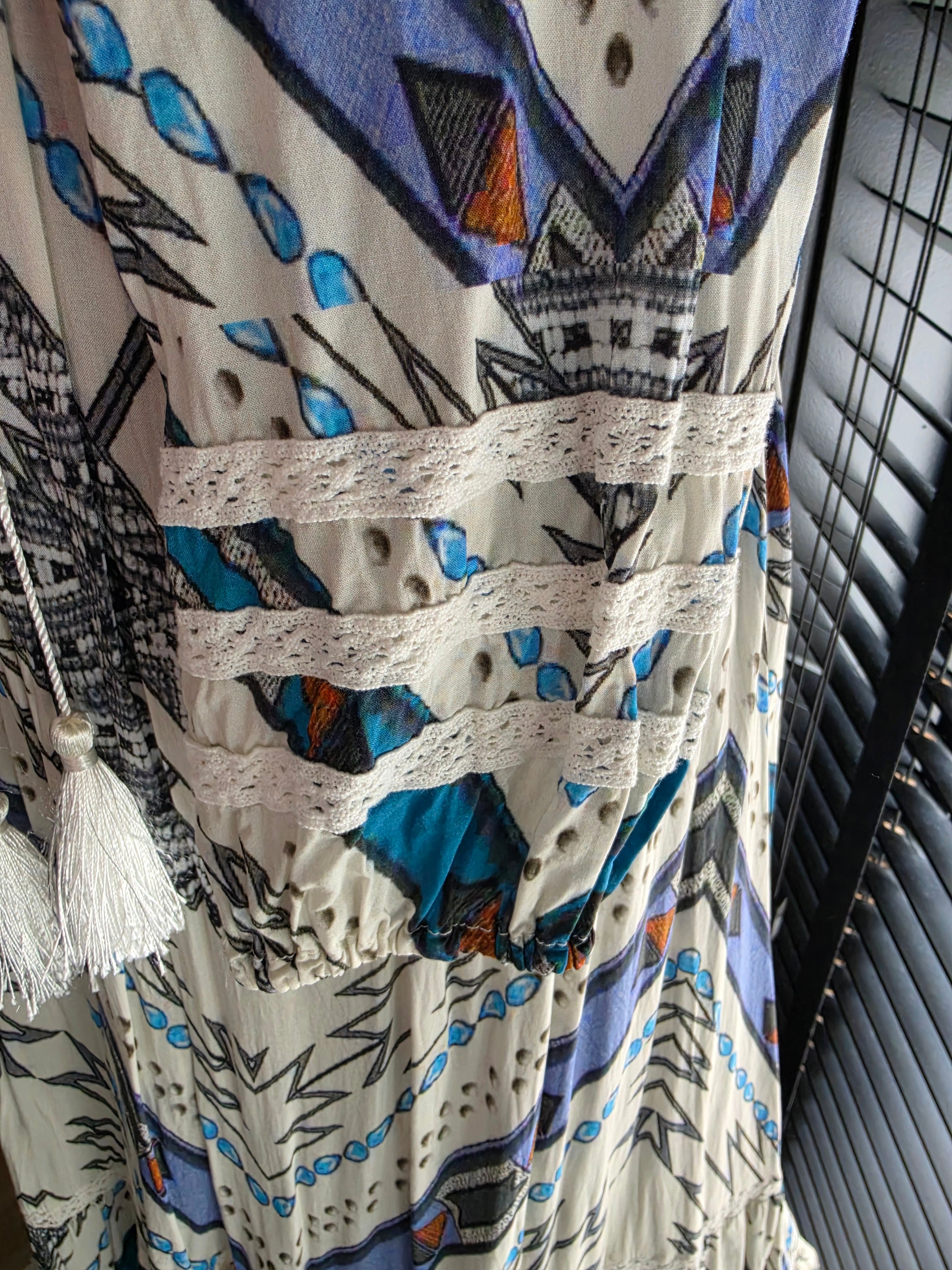 Melissa Odabash lange maxi jurk wit blauw S 36 resortwear tweedehands dames designer