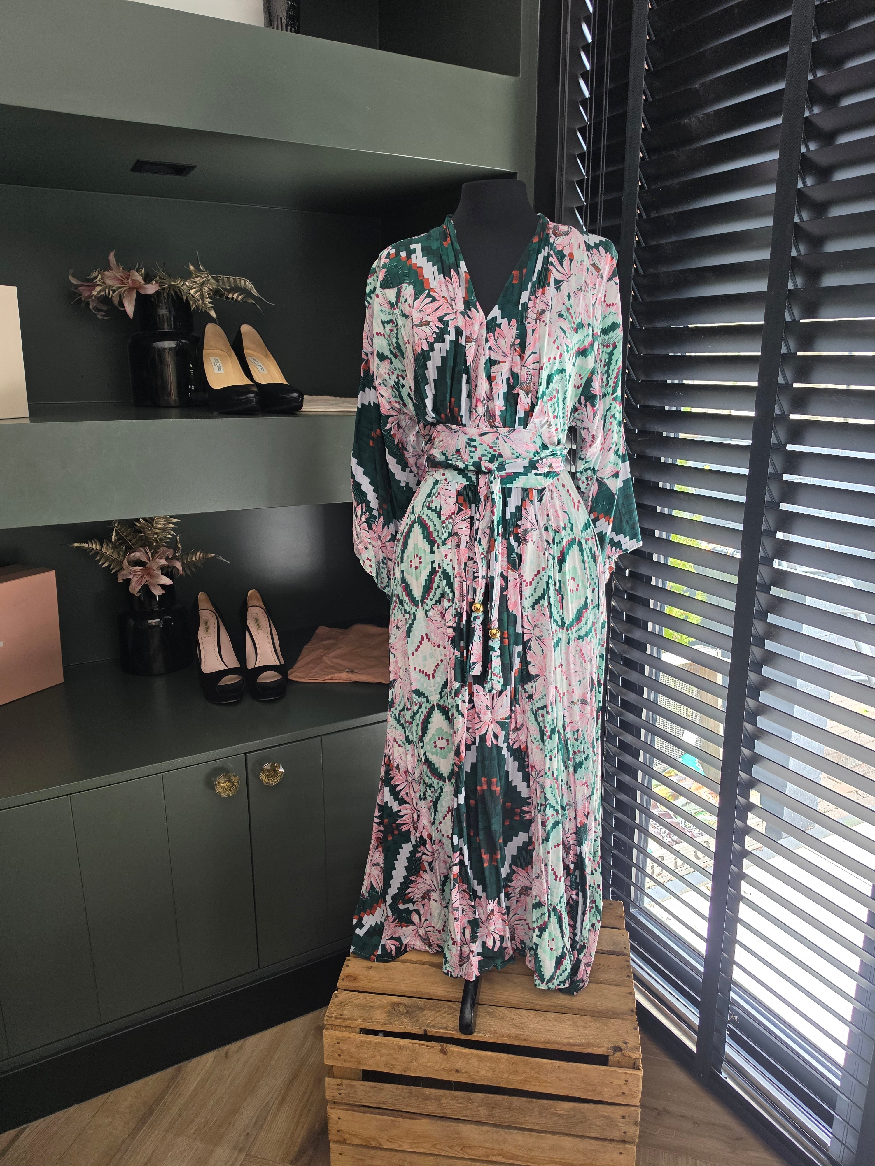 Melissa Odabash kimono maxi jurk Eden maat M 38 groen roze tweedehands dames designer resortwear