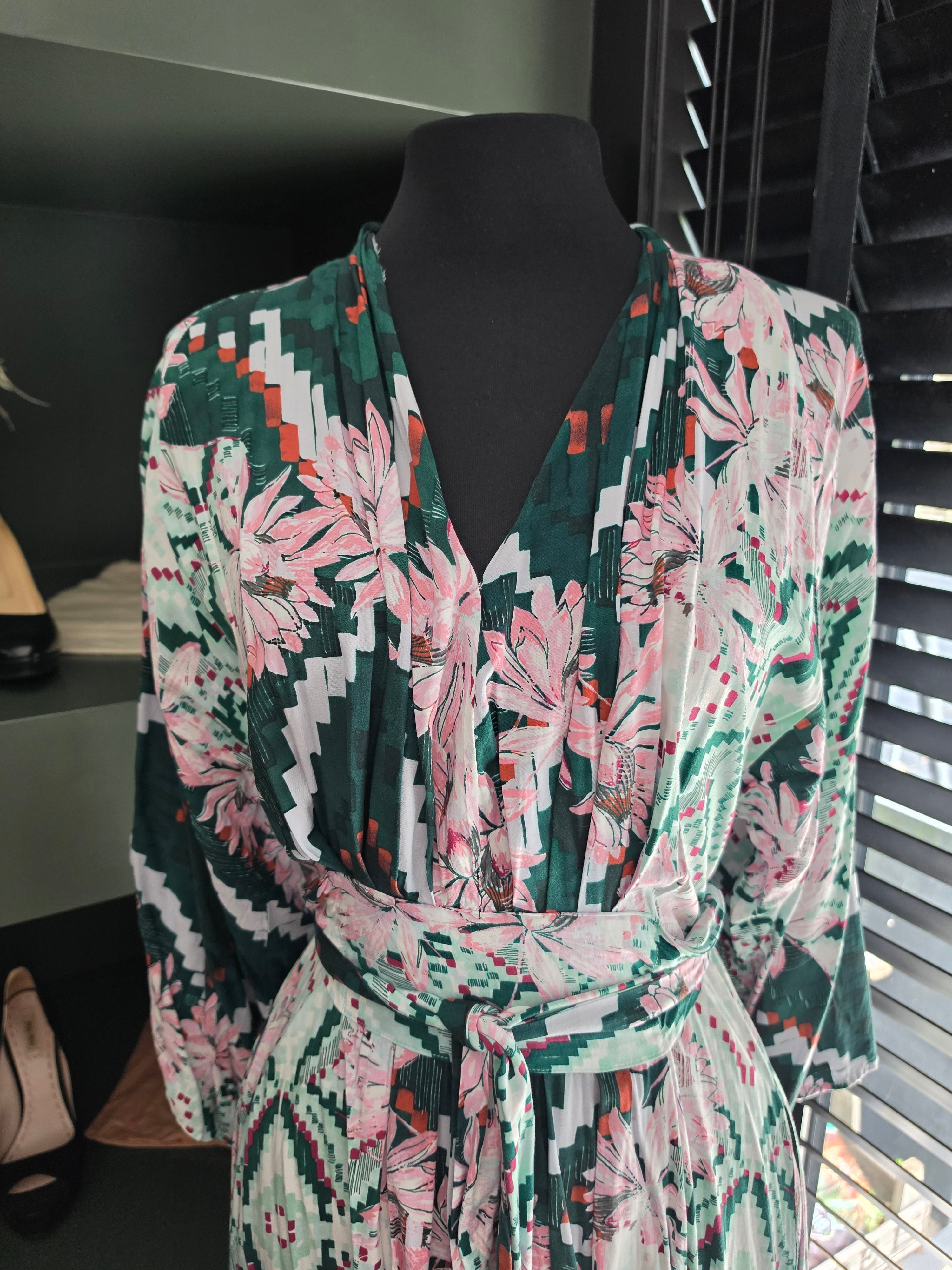 Melissa Odabash kimono maxi jurk Eden maat M 38 groen roze tweedehands dames designer resortwear