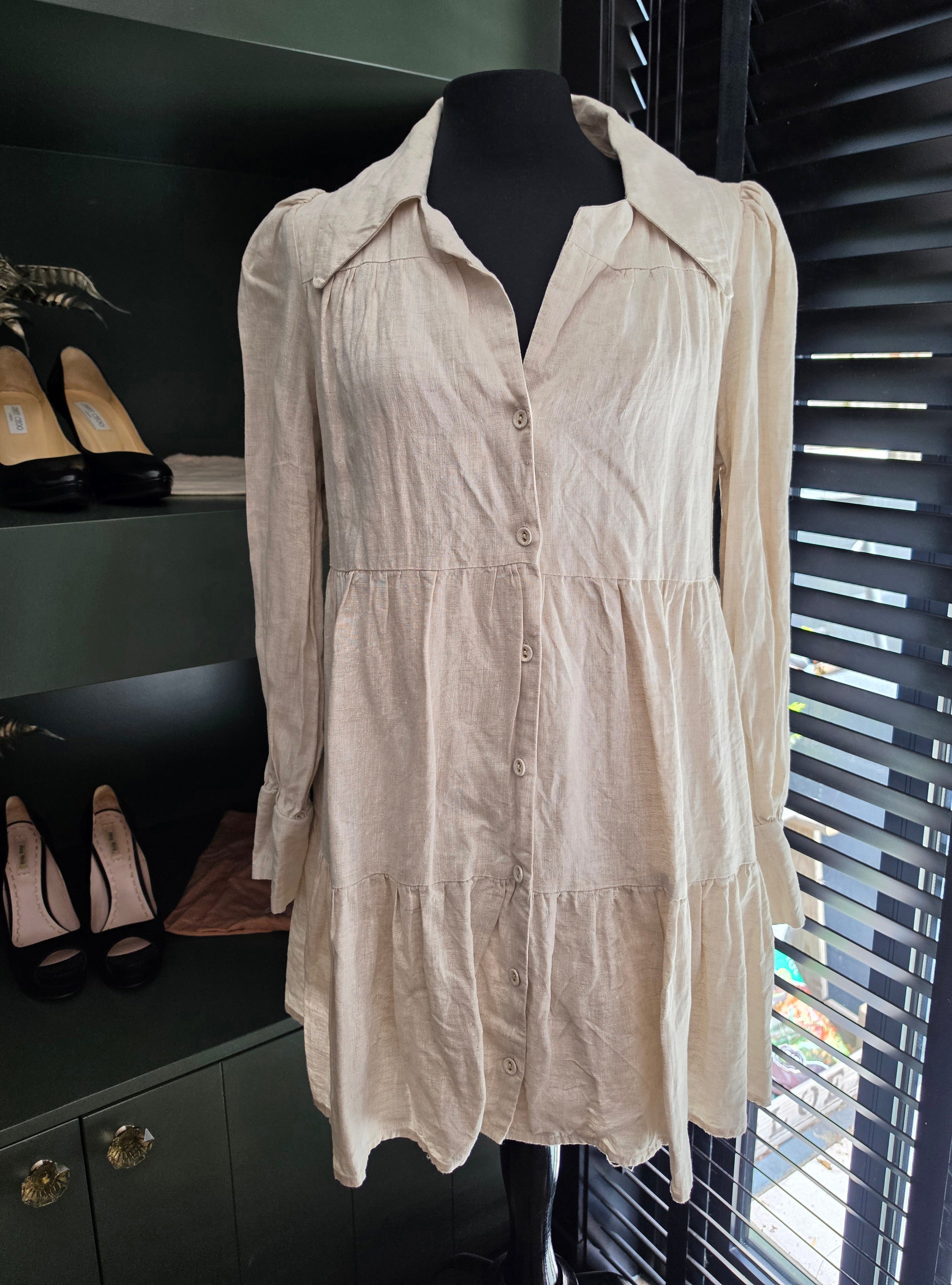 Dissh wijde linnen mini jurk beige M 38 resortwear tweedehands dames designer