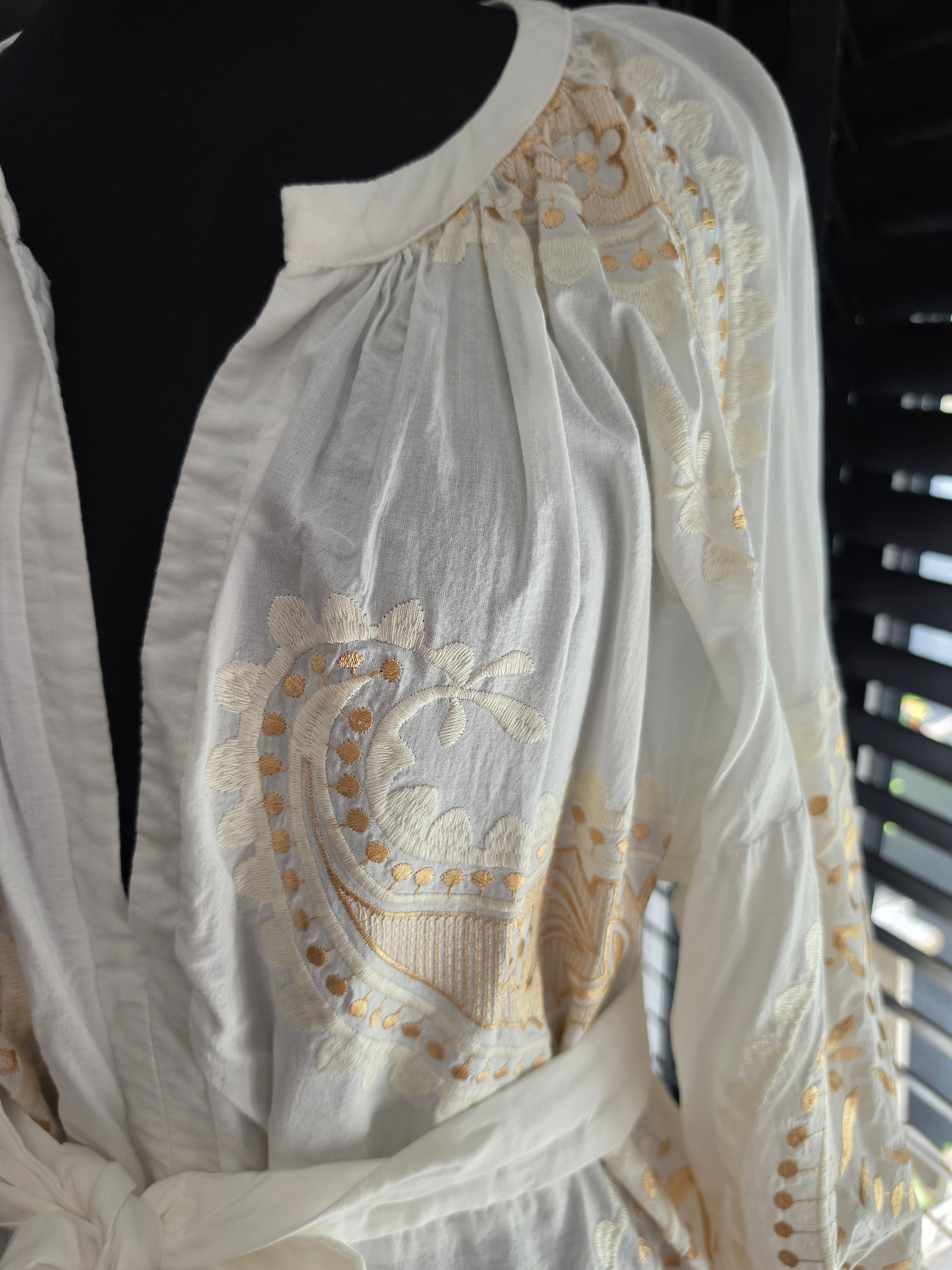 Greek Archaic Kori korte jurk wit goud S 36 katoen tweedehands dames designer resortwear
