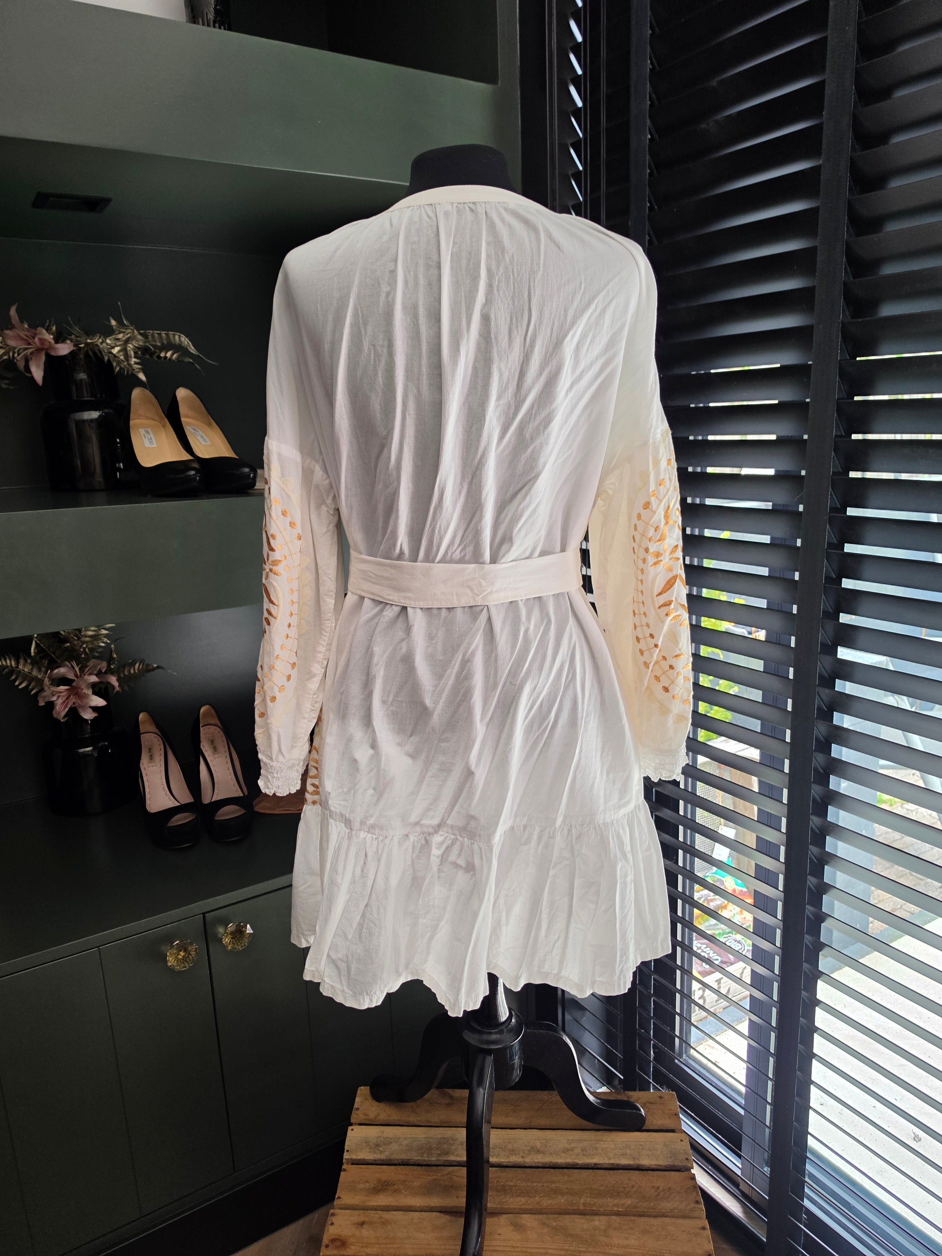 Greek Archaic Kori korte jurk wit goud S 36 katoen tweedehands dames designer resortwear