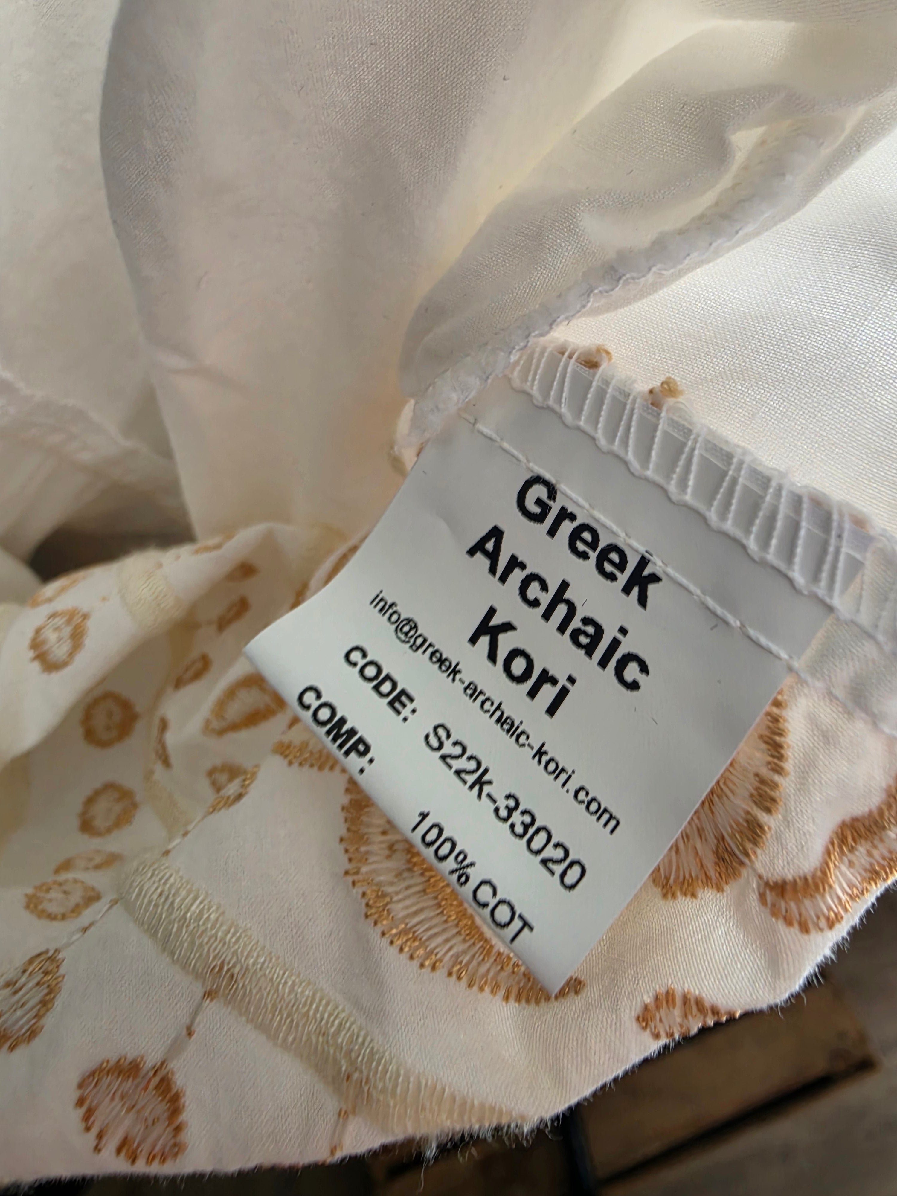 Greek Archaic Kori korte jurk wit goud S 36 katoen tweedehands dames designer resortwear
