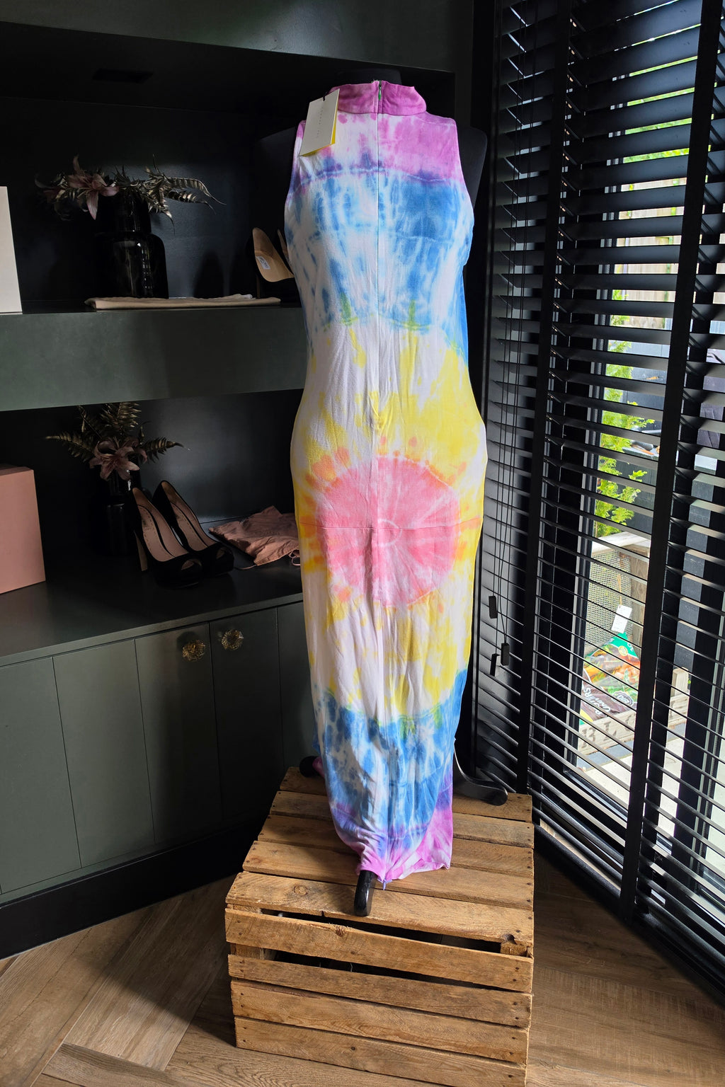 Conner Ives tie-dye midi jurk L 40 met rits tweedehands designer dames met kaartje eraan