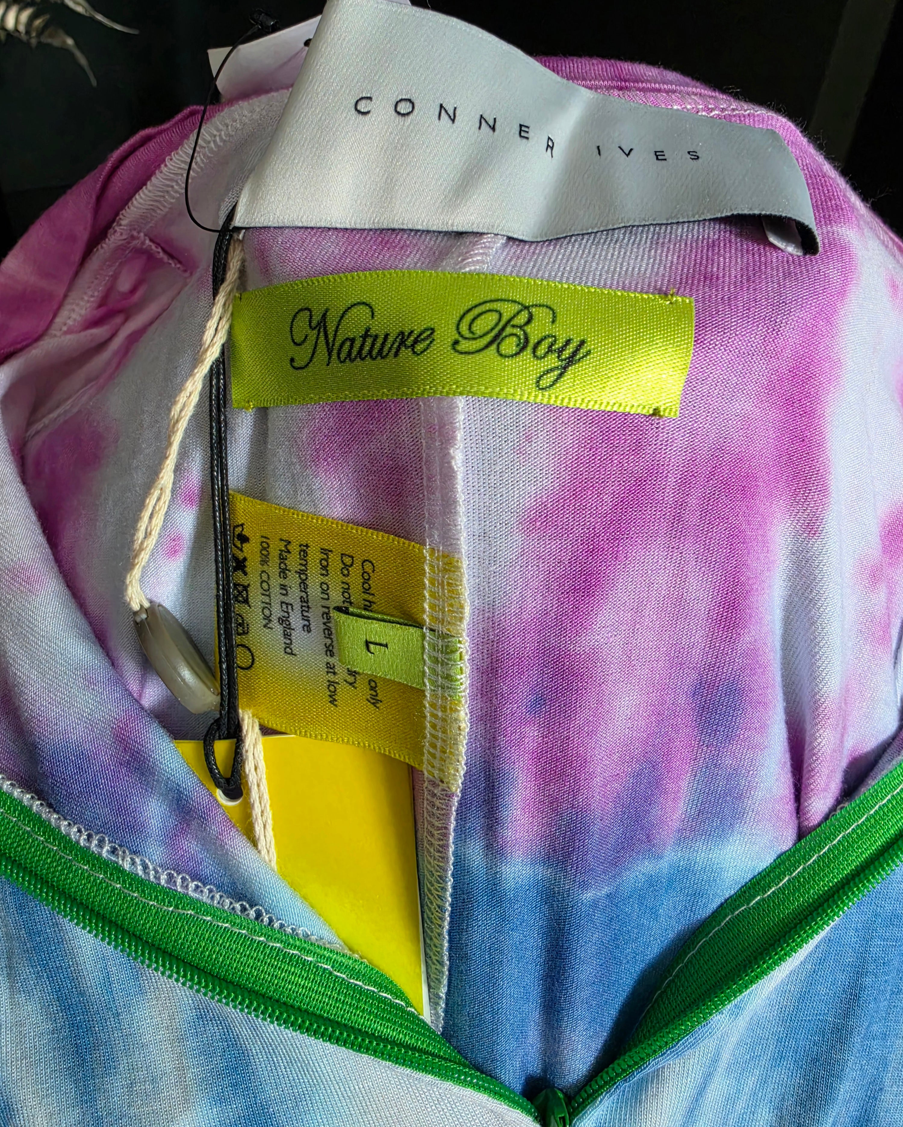 Conner Ives tie-dye midi jurk L 40 met rits tweedehands designer dames met kaartje eraan