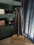 Source Unknow v hals maxi jurk nep leer S 36 oversized mouwloos bruin tweedehands designer dames