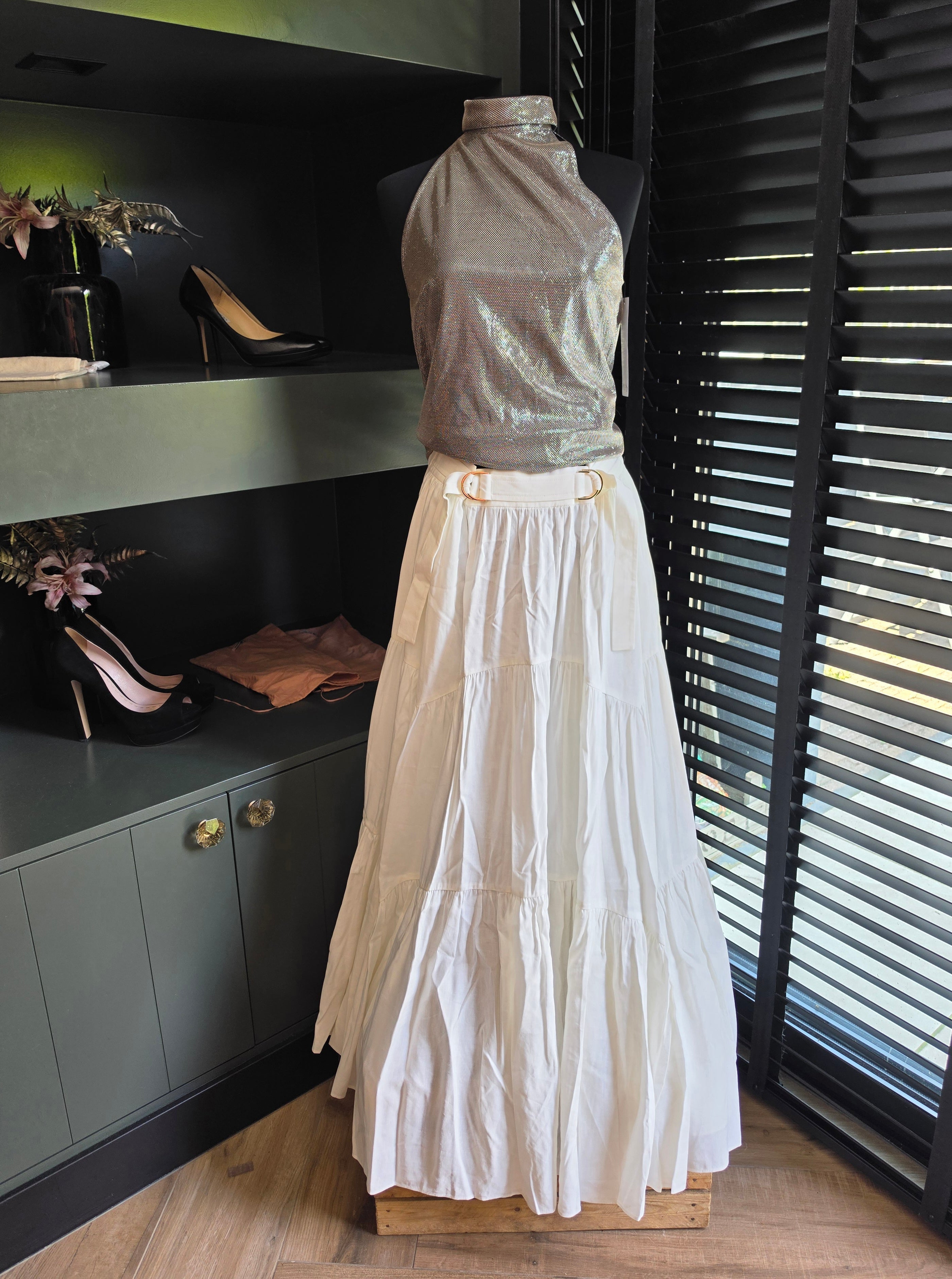 Acler lange rok linnen mix ivory wit 40 L nieuw designer ibiza boho resortwear tweedehands dames