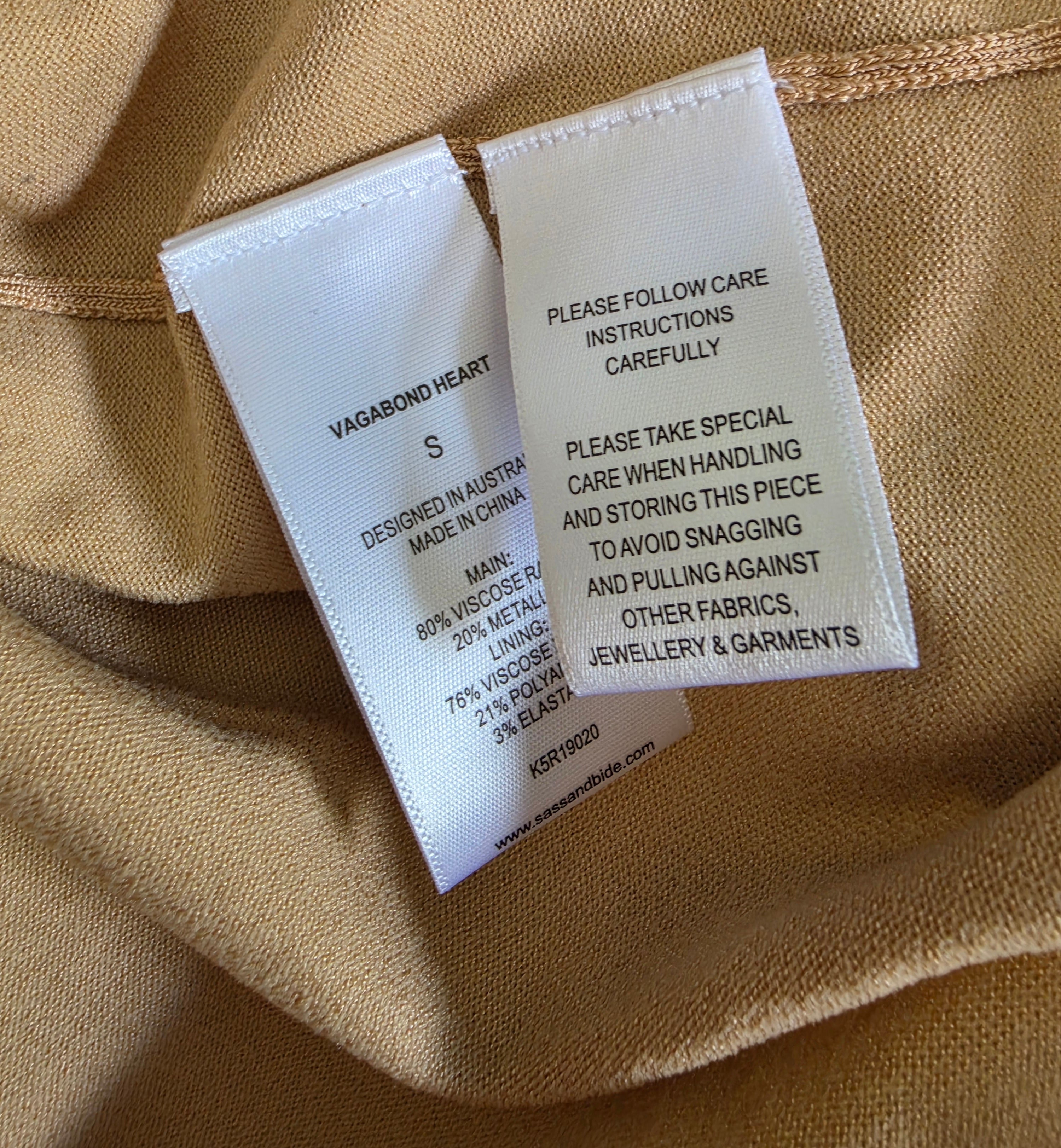 Sass & Bide midi jurk goud Vagabond Heart S 36 tweedehands designer dames