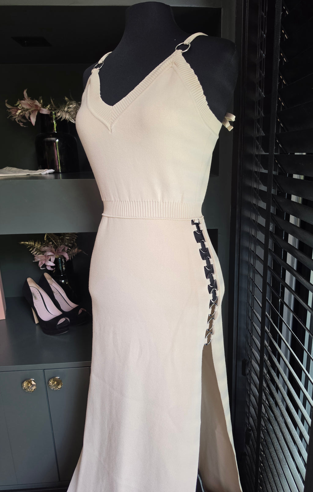 Paco Rabanne gebreide midi-jurk licht beige maat M nieuw