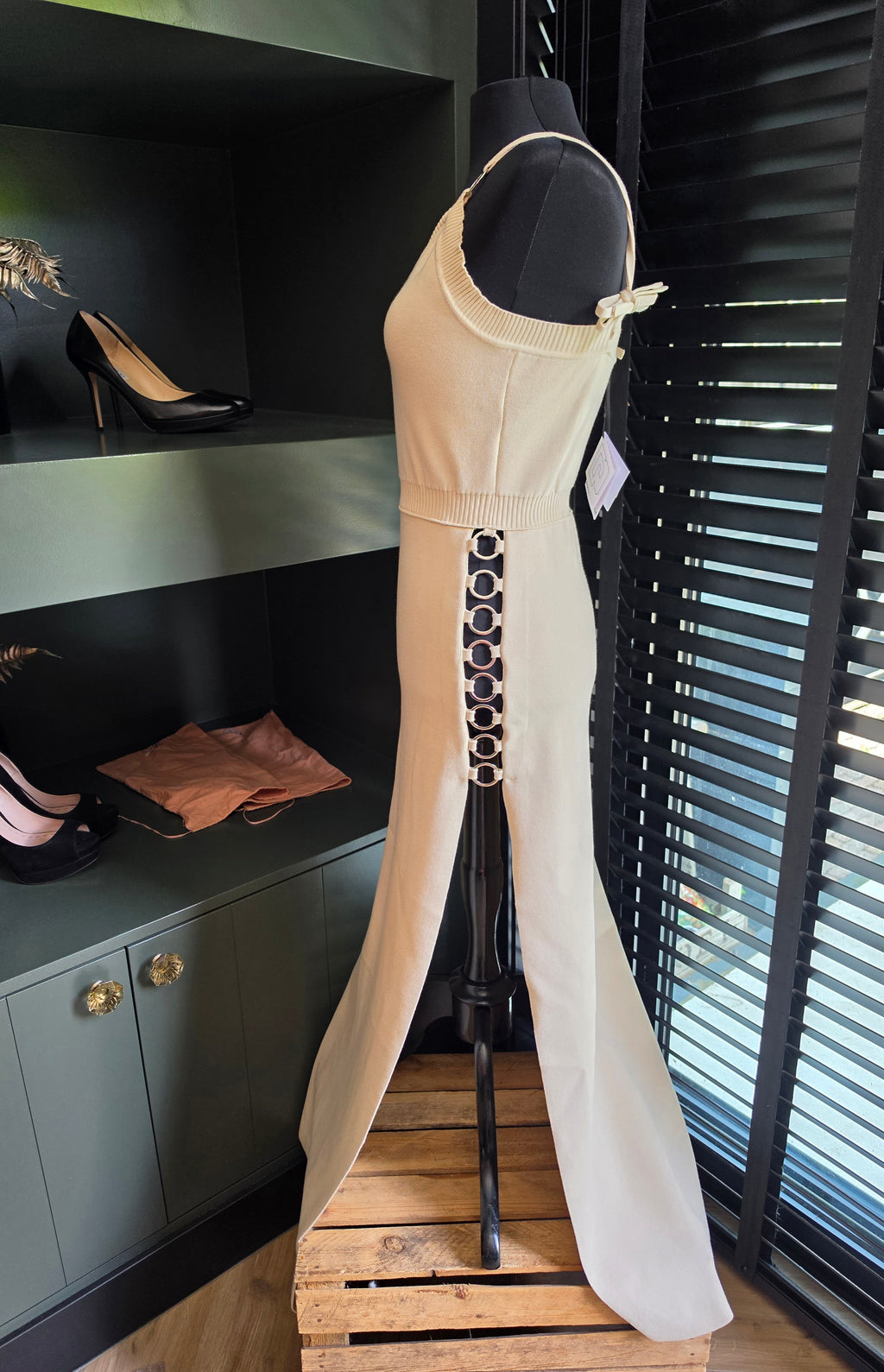 Paco Rabanne gebreide midi-jurk licht beige maat M nieuw
